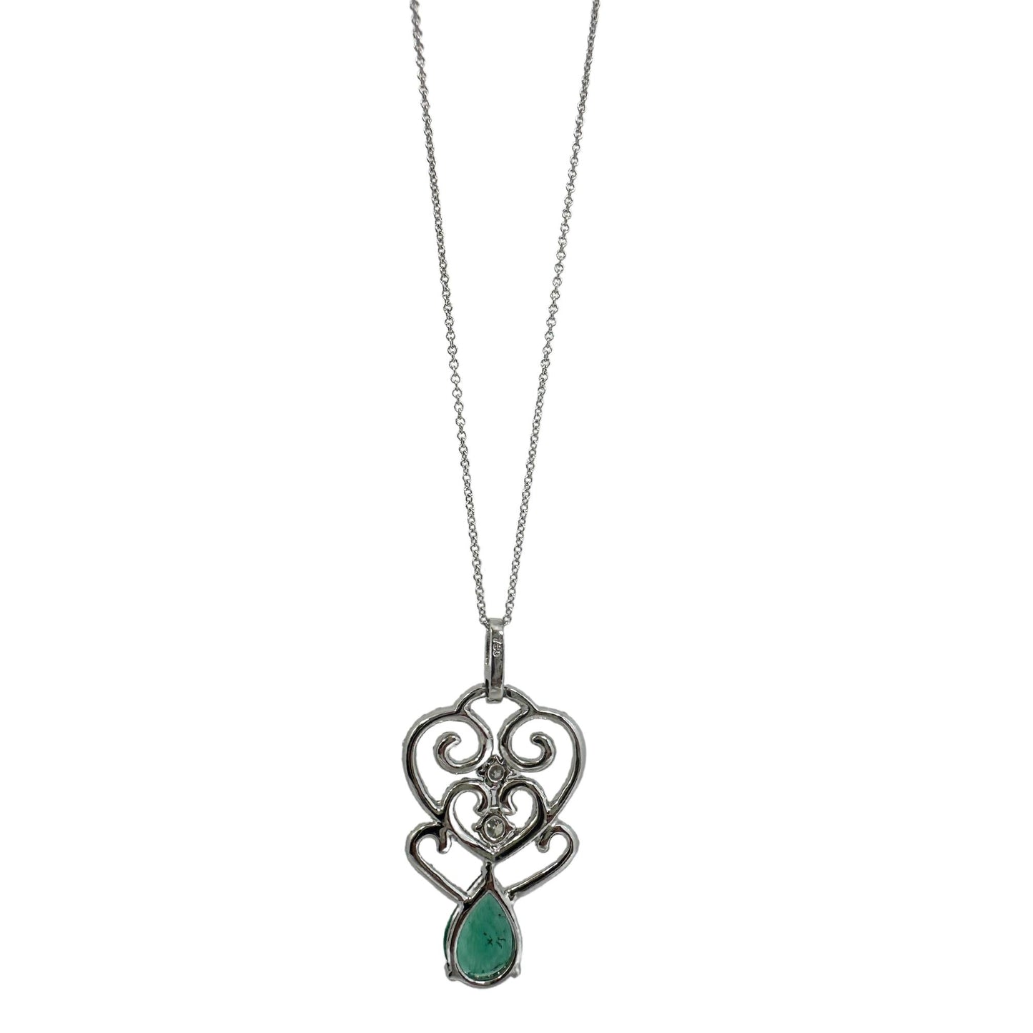 18K White Gold Pear Cut Emerald and Diamond Pendant Necklace