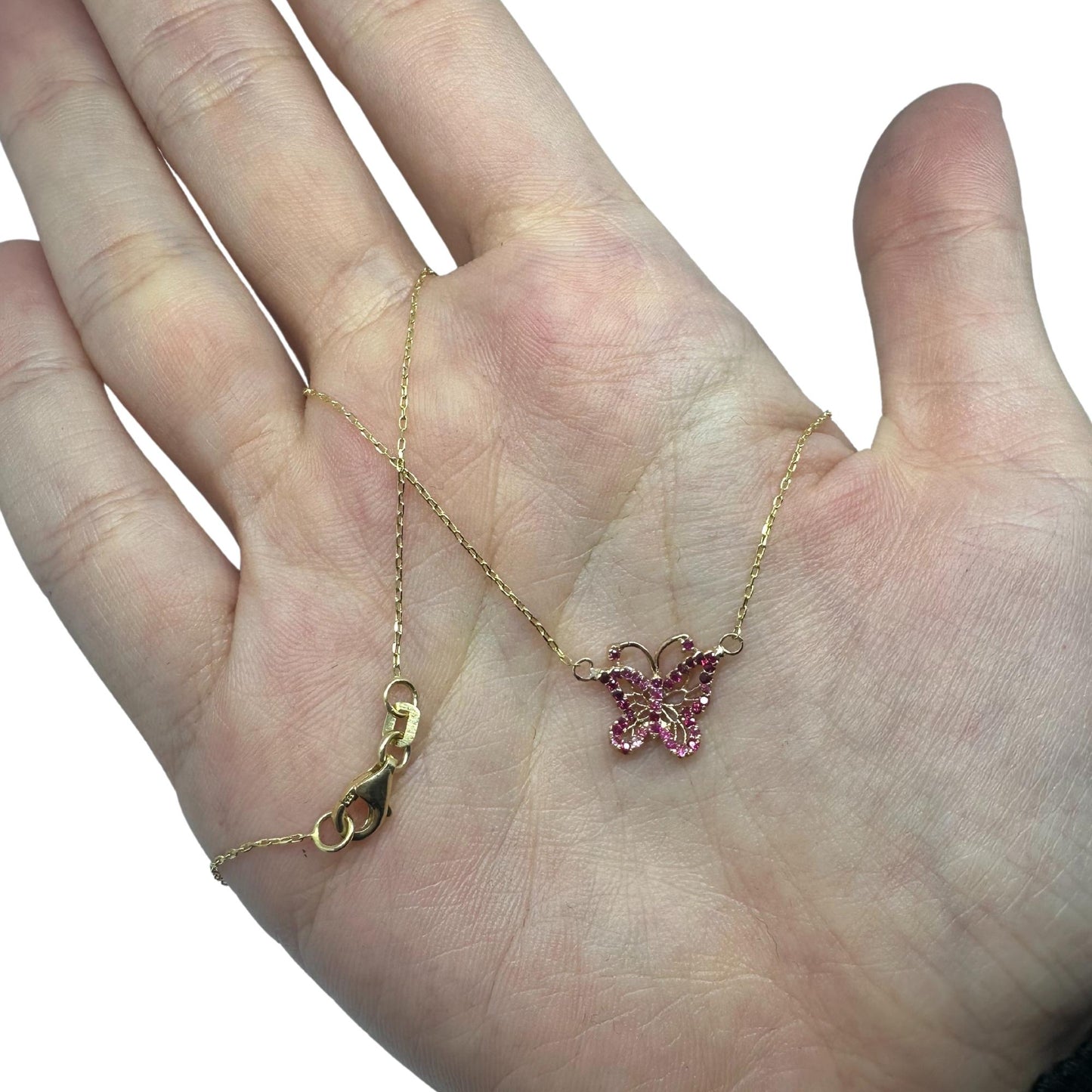 18K Rose Gold Pink Sapphire Butterfly Necklace with 14K Yellow Gold Chain