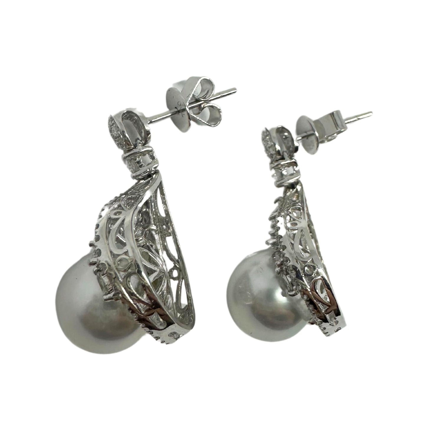 18K White Gold Marquise Cut Diamond and Pearl Earrings