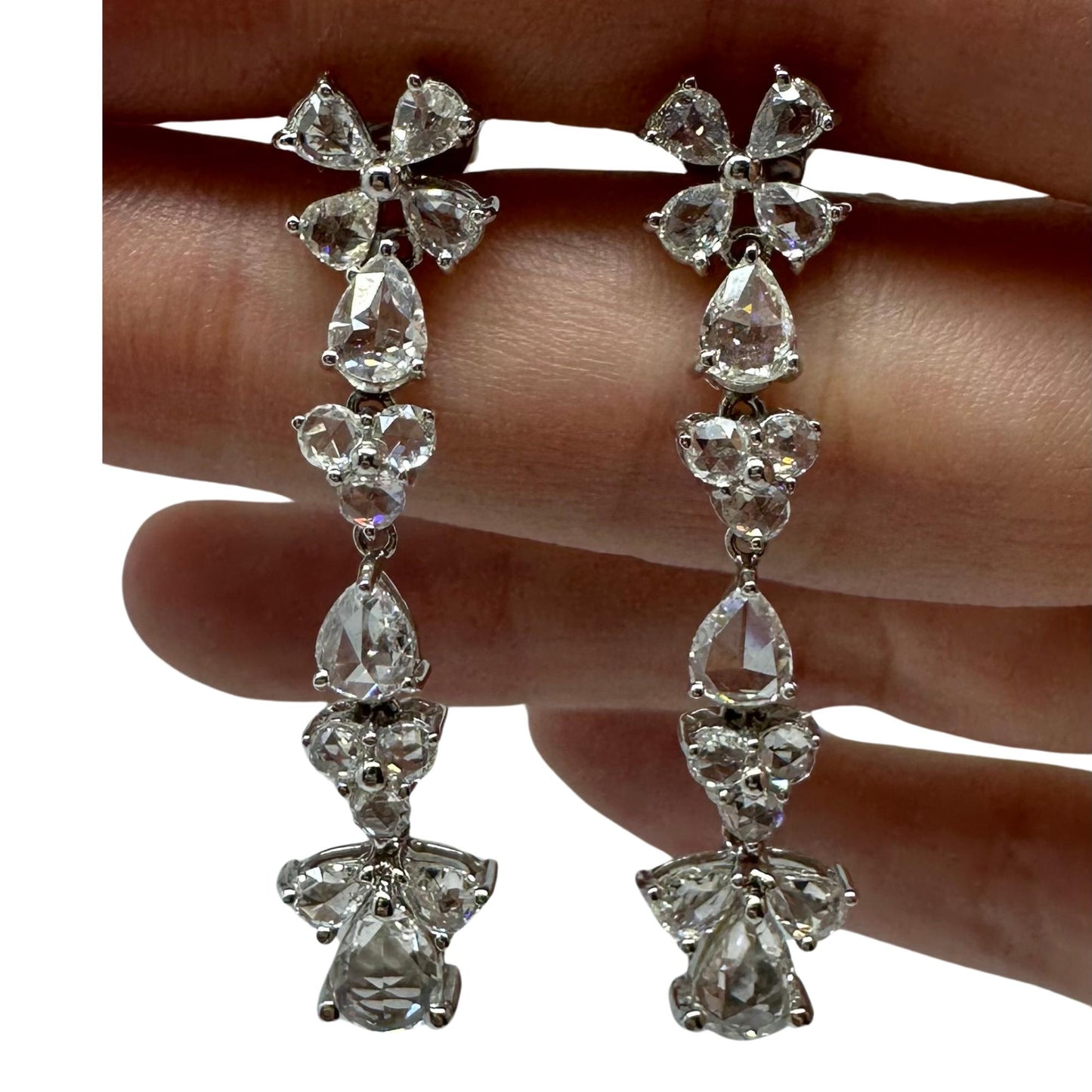 18K White Gold Rose Cut Pear Diamond Drop Earrings