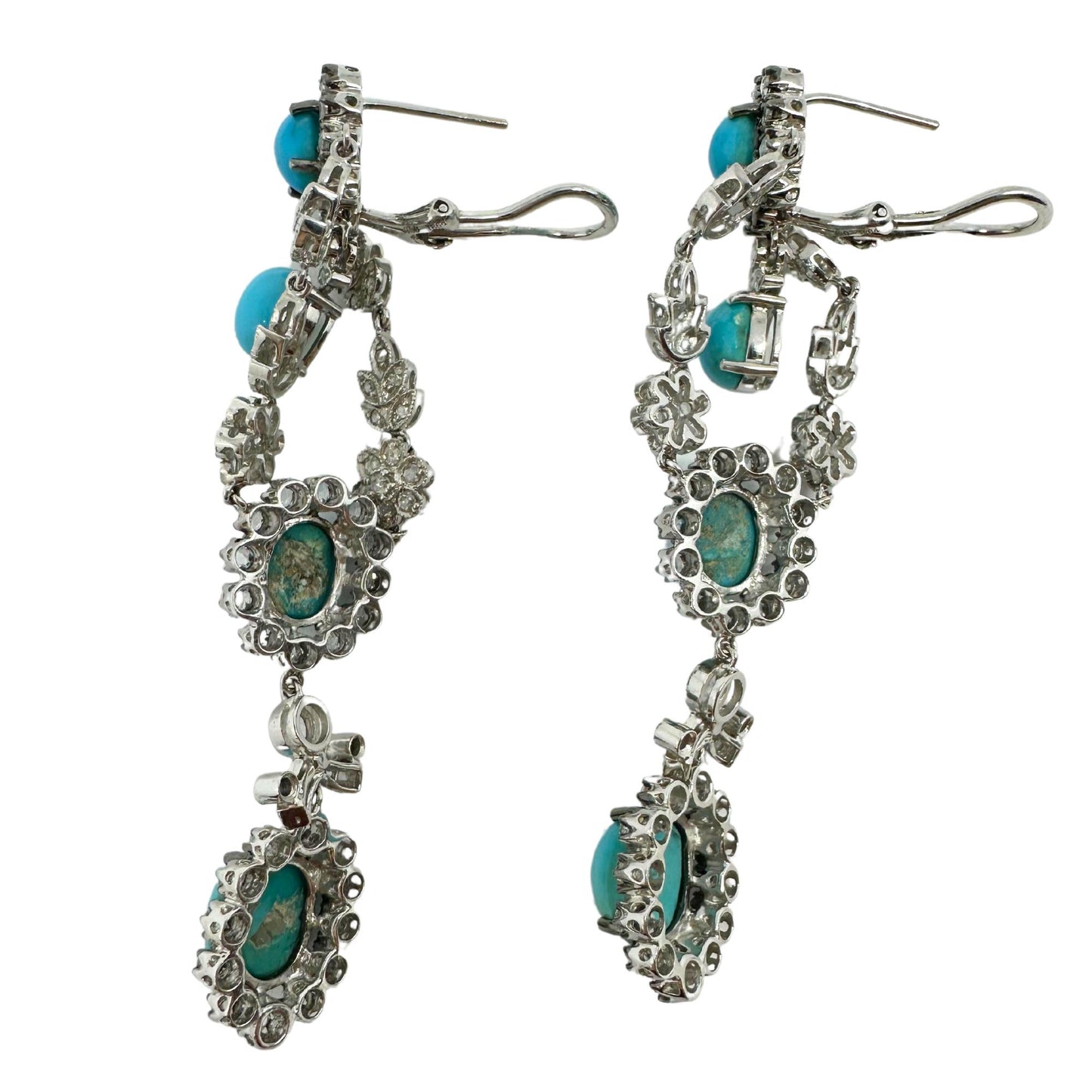 18K White Gold Rose Cut Diamond and Persian Turquoise Drop Earrings