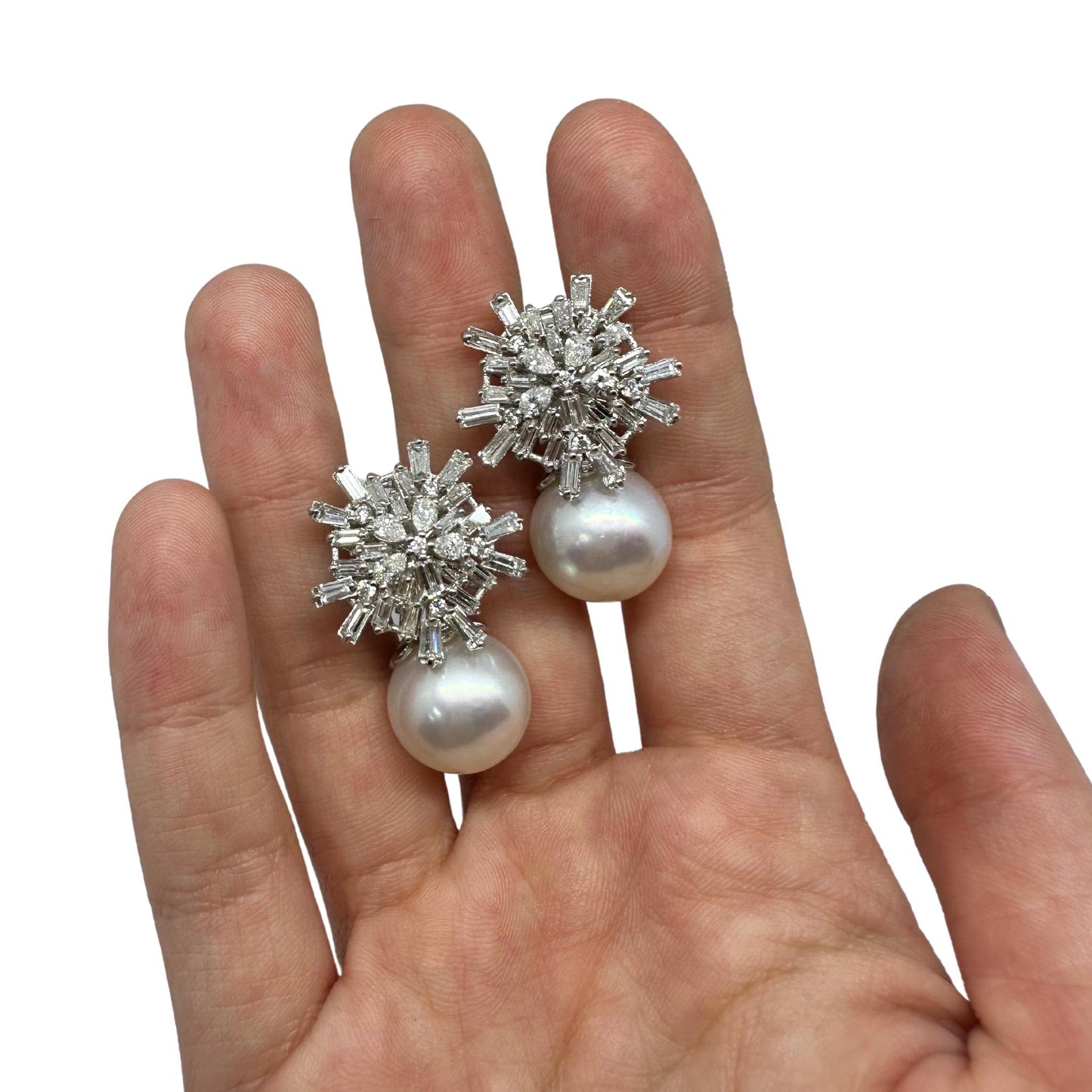 18K White Gold 3.88 Carat Baguette and Pear Cut Diamond and Pearl Earrings