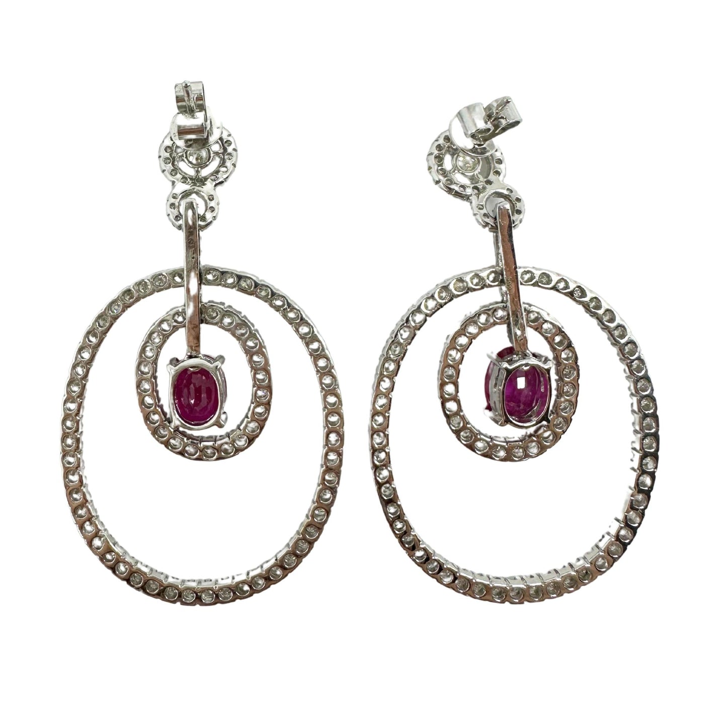 18K White Gold Diamond and Oval Ruby Drop Earrings
