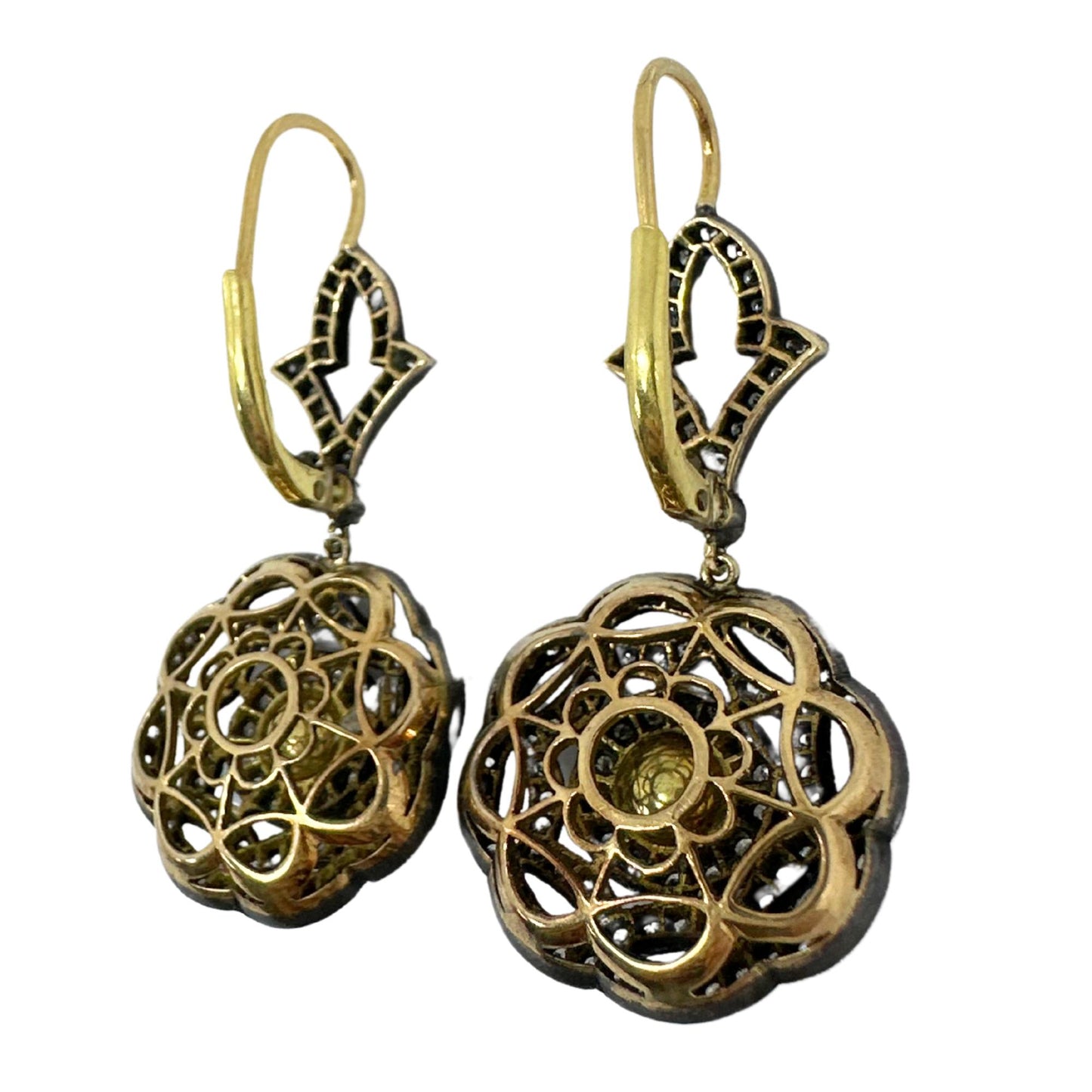18K Yellow Gold and Silver Top Rose Cut Diamond Drop Earrings