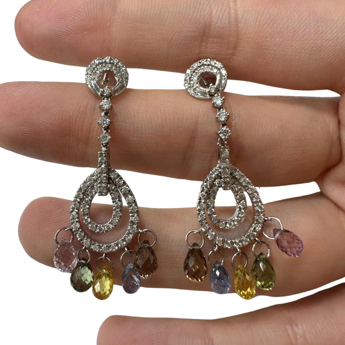 18K White Gold Diamond and Briolette Multicolor Sapphire Earrings