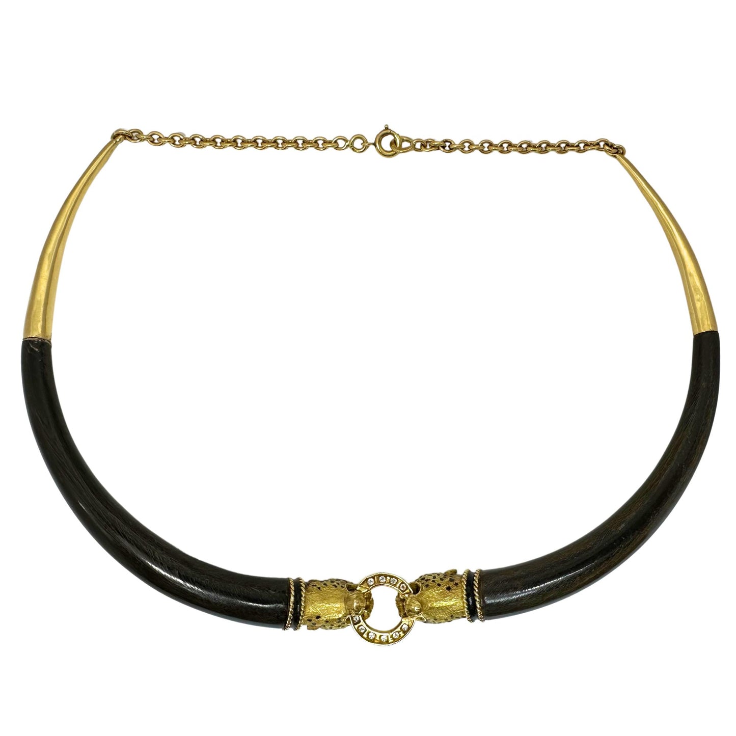 1960's French 18K Yellow Gold, Wood, Enamel, Ruby and Diamond Leopard Necklace