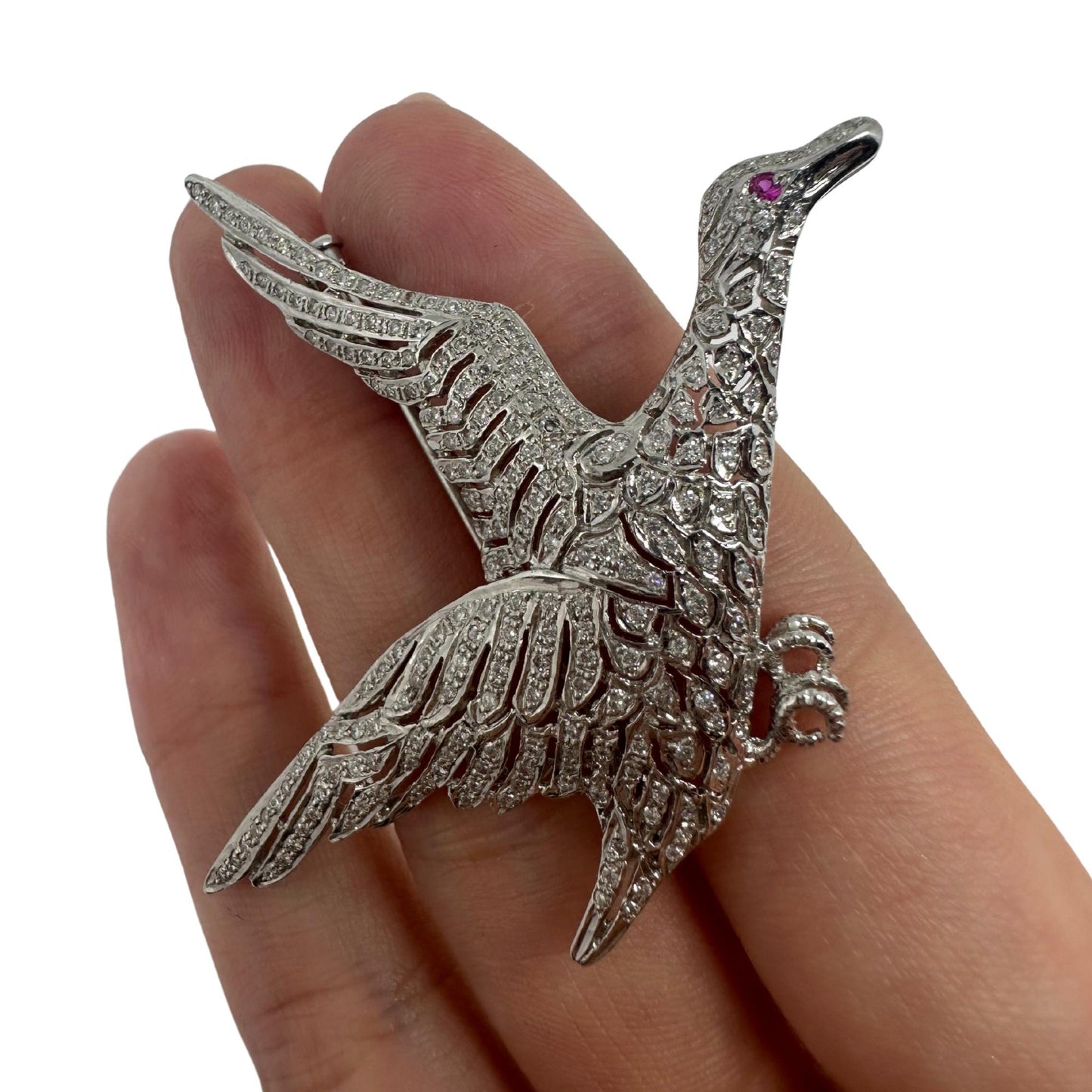 18K White Gold Diamond and Ruby Bird Brooch