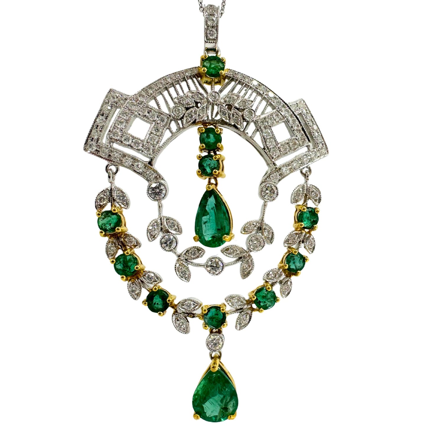 18K Two Tone Diamond and Emerald Pendant Necklace