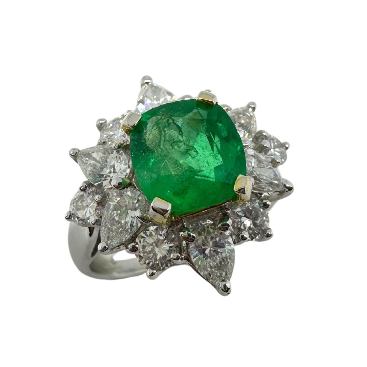 18K White Gold Pear Cut Diamond and Emerald Ring