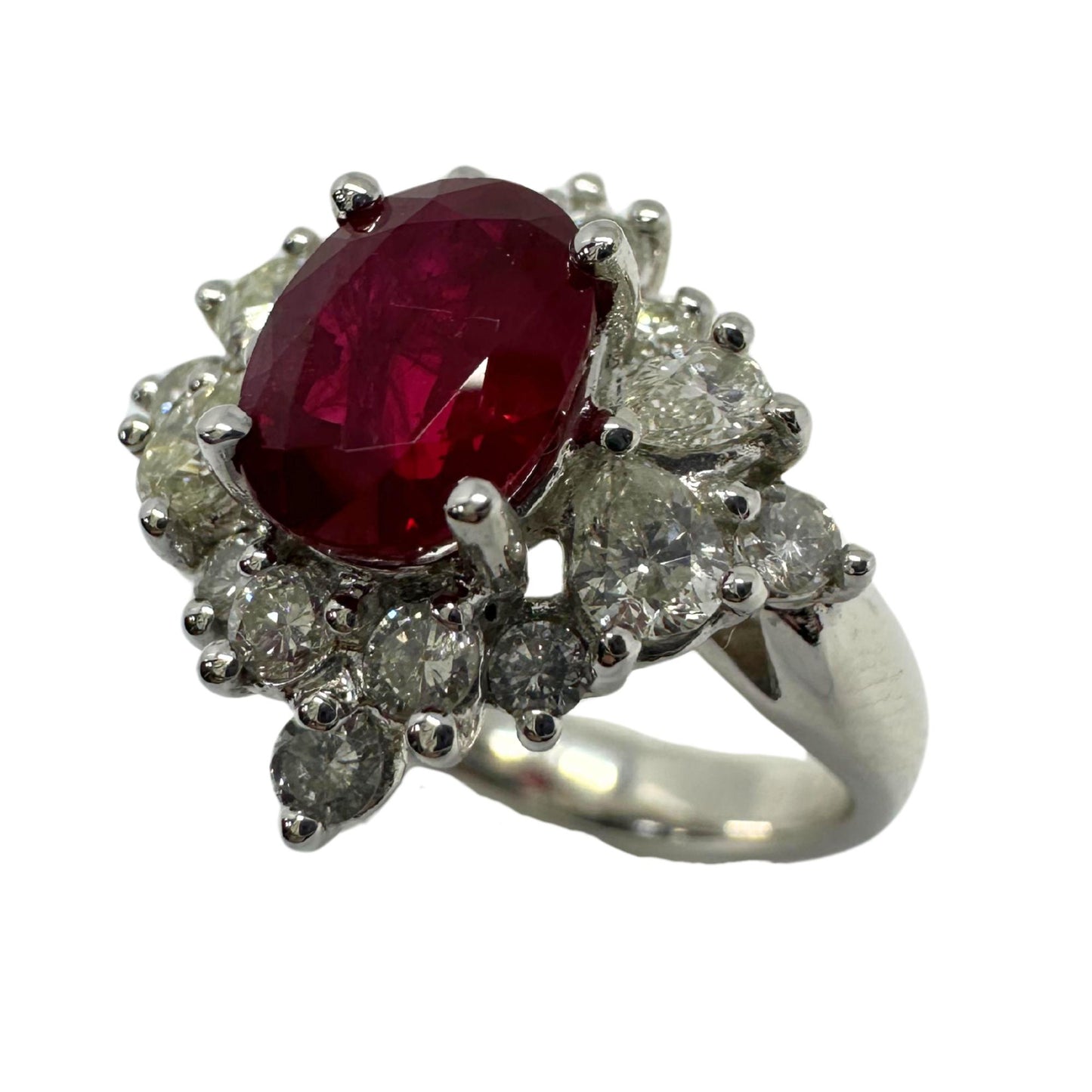 18K White Gold Pear Cut Diamond and Ruby Ring