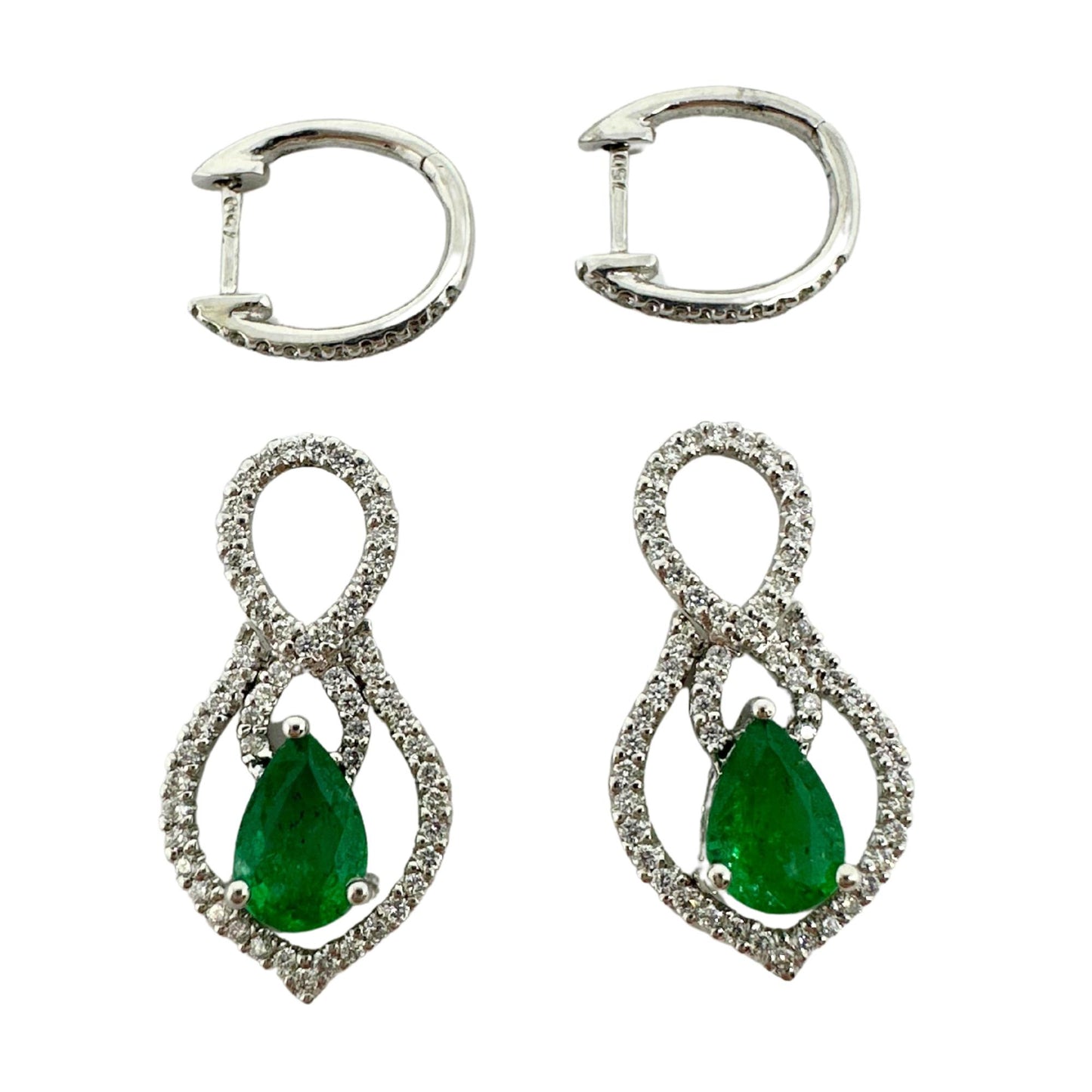 18K White Gold Diamond and Pear Cut Emerald Convertible Earrings