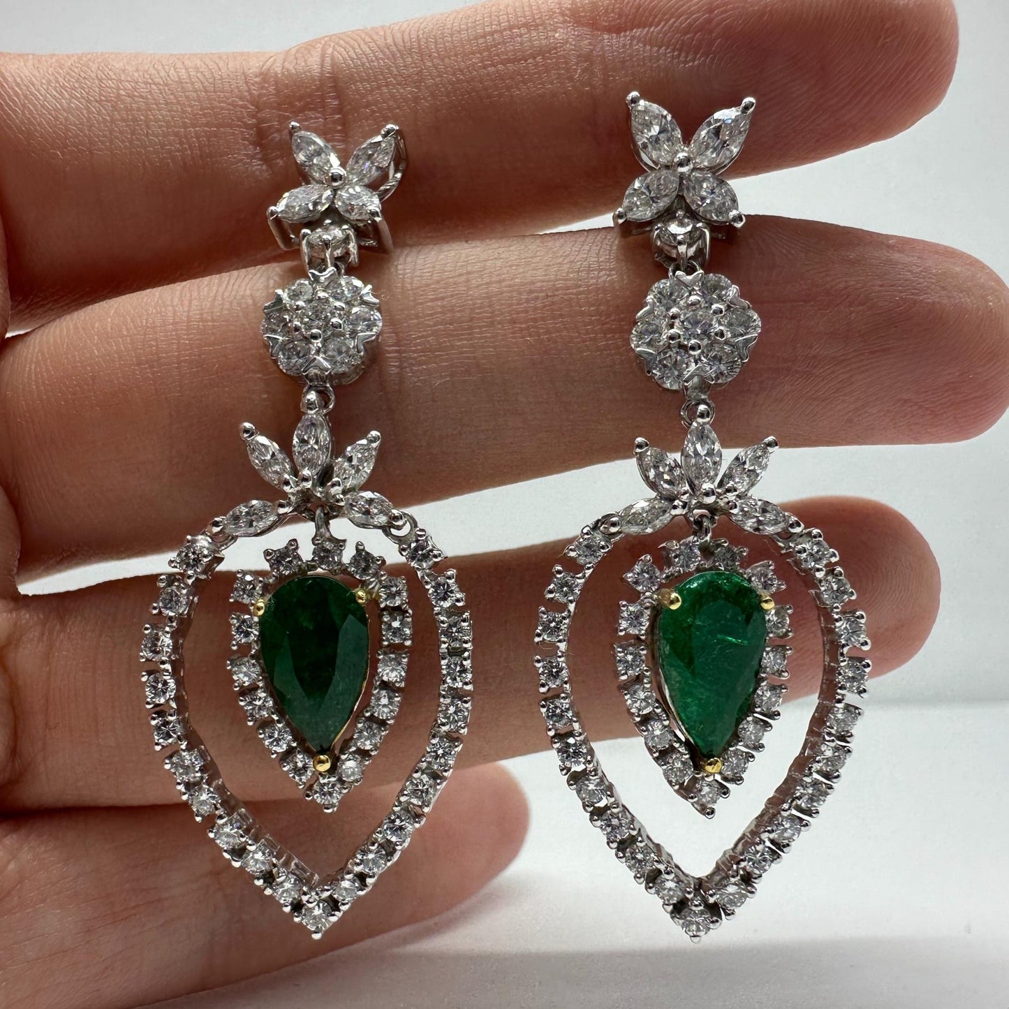 18K Two Tone Diamond and Pear Cut Emerald Drop Earrings