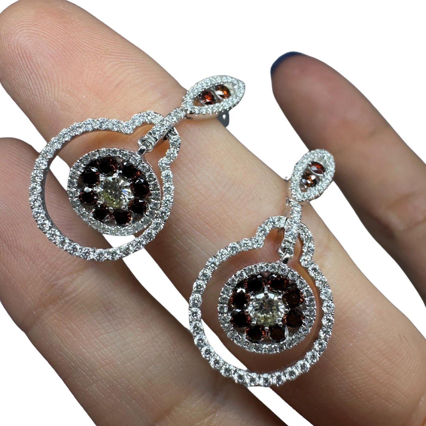 18K White Gold White and Brown Diamond Drop Earrings