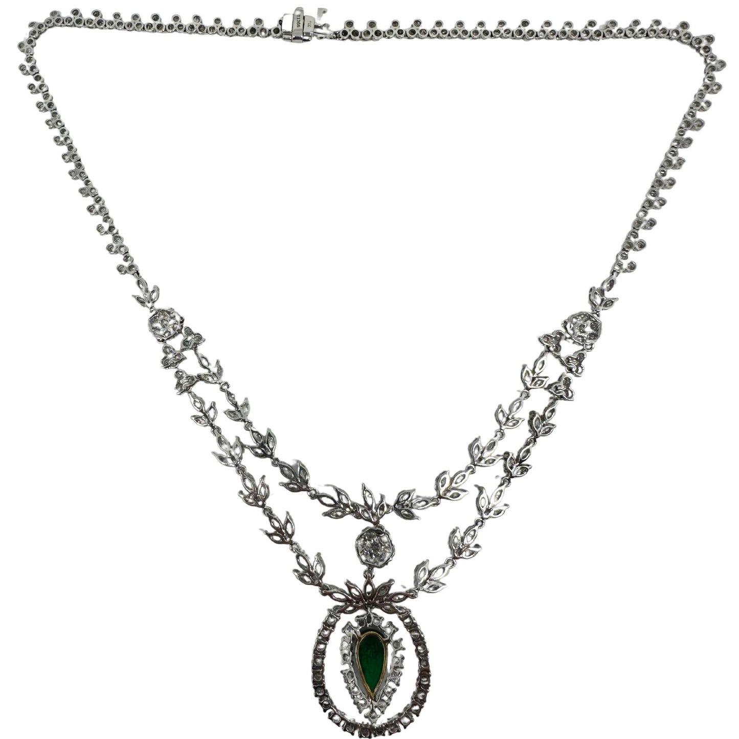 18K White Gold Marquise Cut Diamond and Pear Cut Emerald Necklace