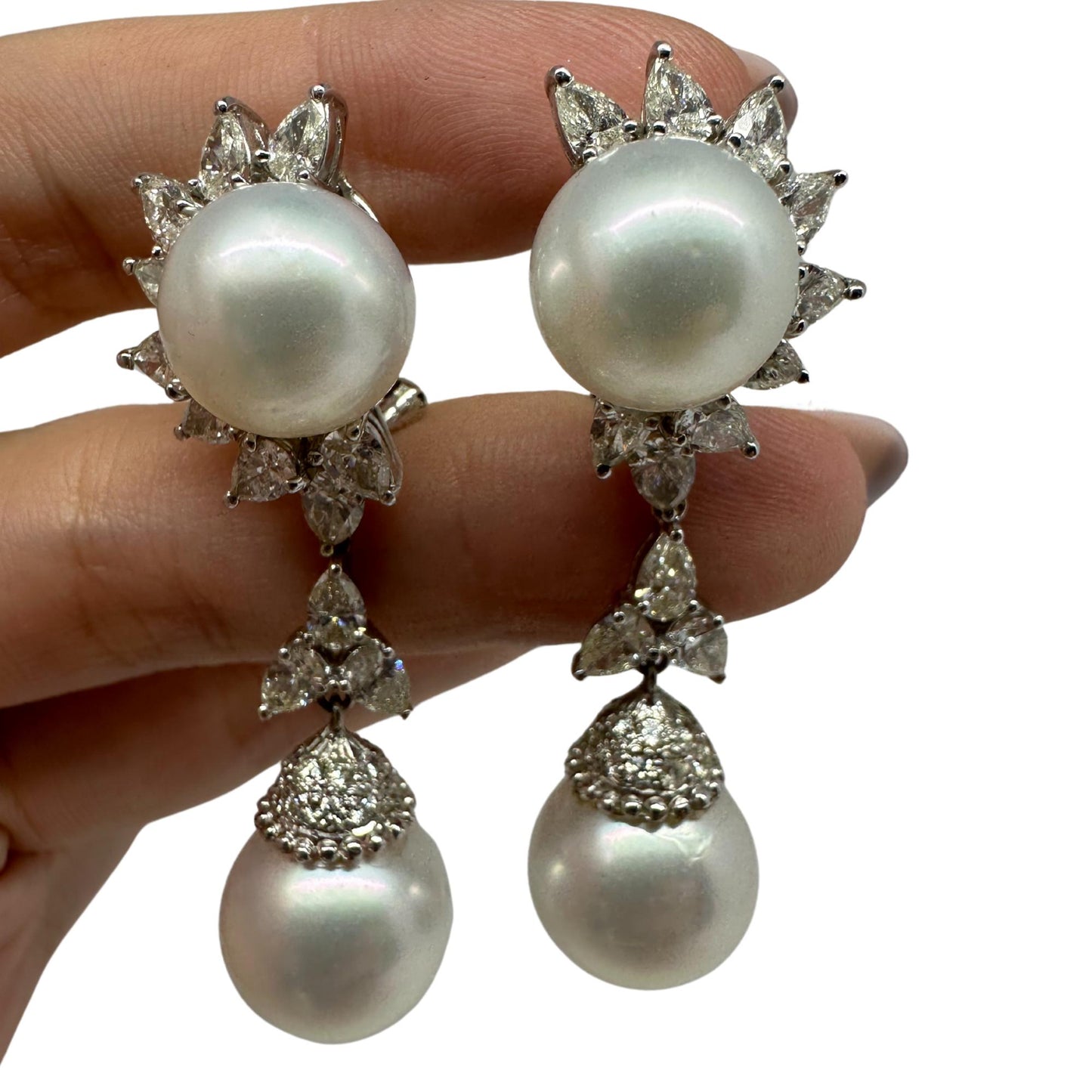 18K White Gold Pear Cut Diamond and Pearl Sunburst Drop Earrings