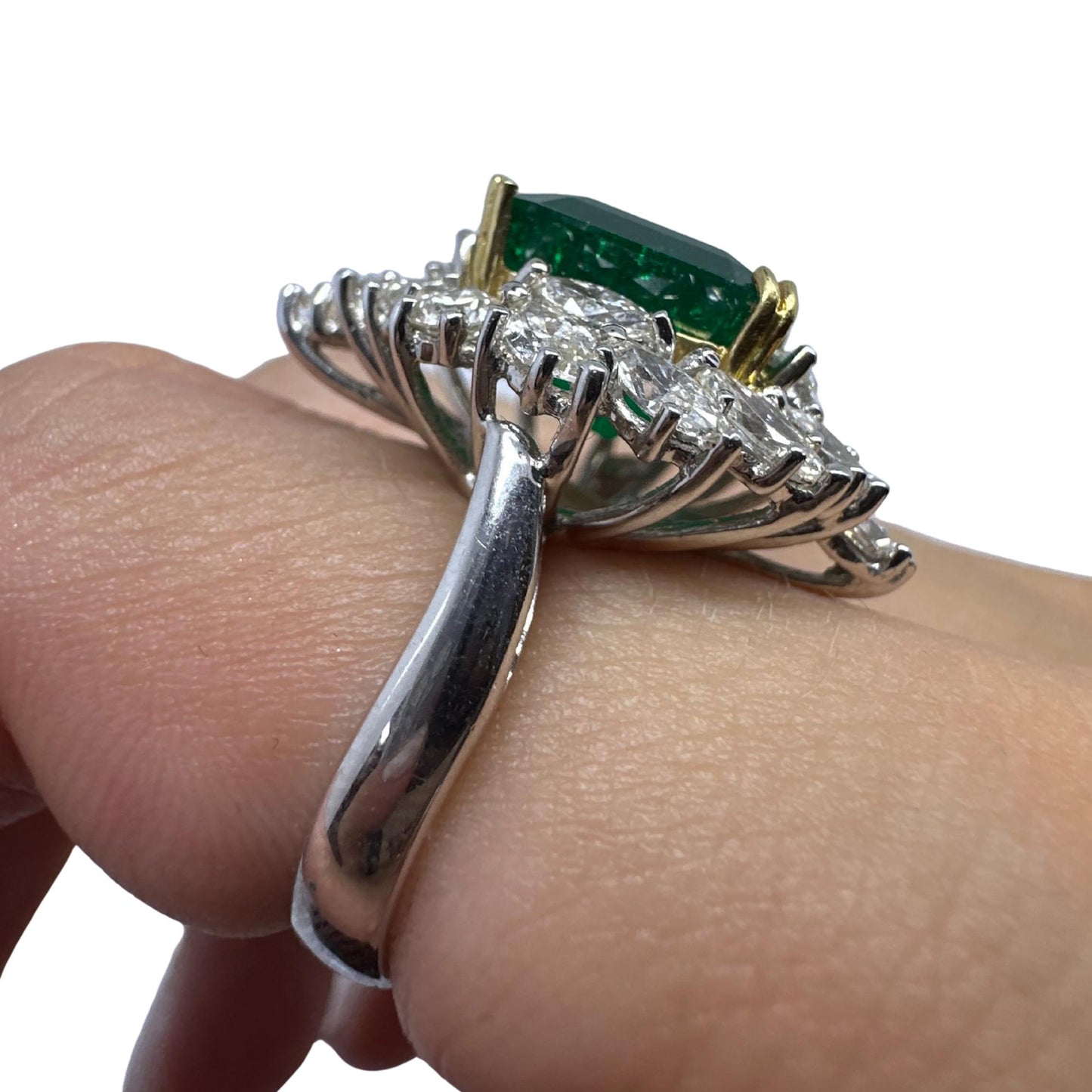 18k Two Tone Marquise Cut Diamond and Emerald Ring