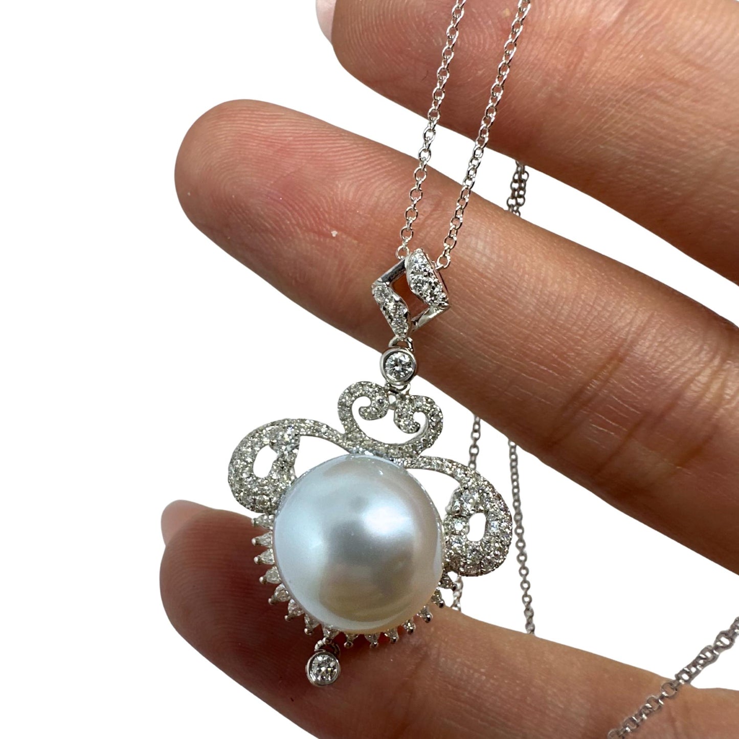 Edwardian-Inspired 18K White Gold Diamond Pearl Pendant Necklace 0.93ct