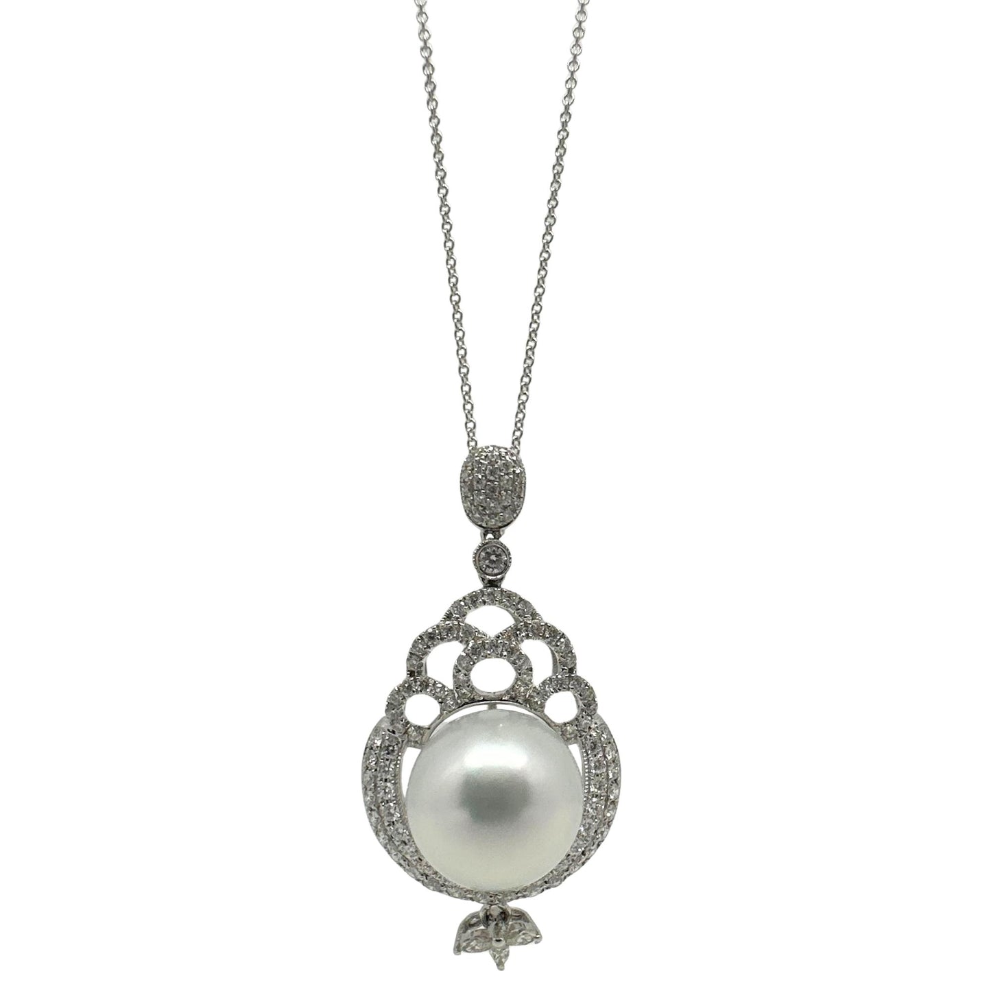 18 inch 18K White Gold Diamond Pearl Pendant Necklace - 0.75ct
