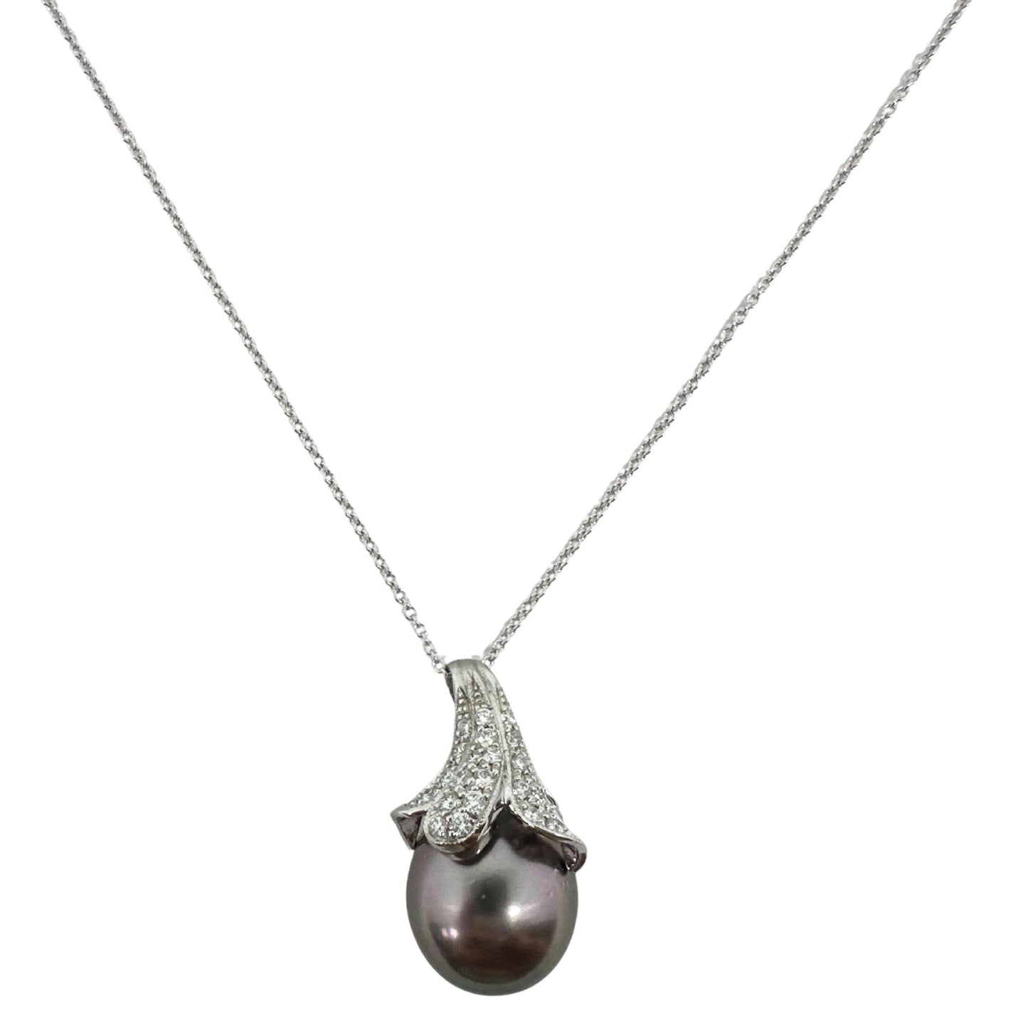18K White Gold Diamond & Pearl Pendant Necklace – 18" Chain, 0.27ct Diamonds