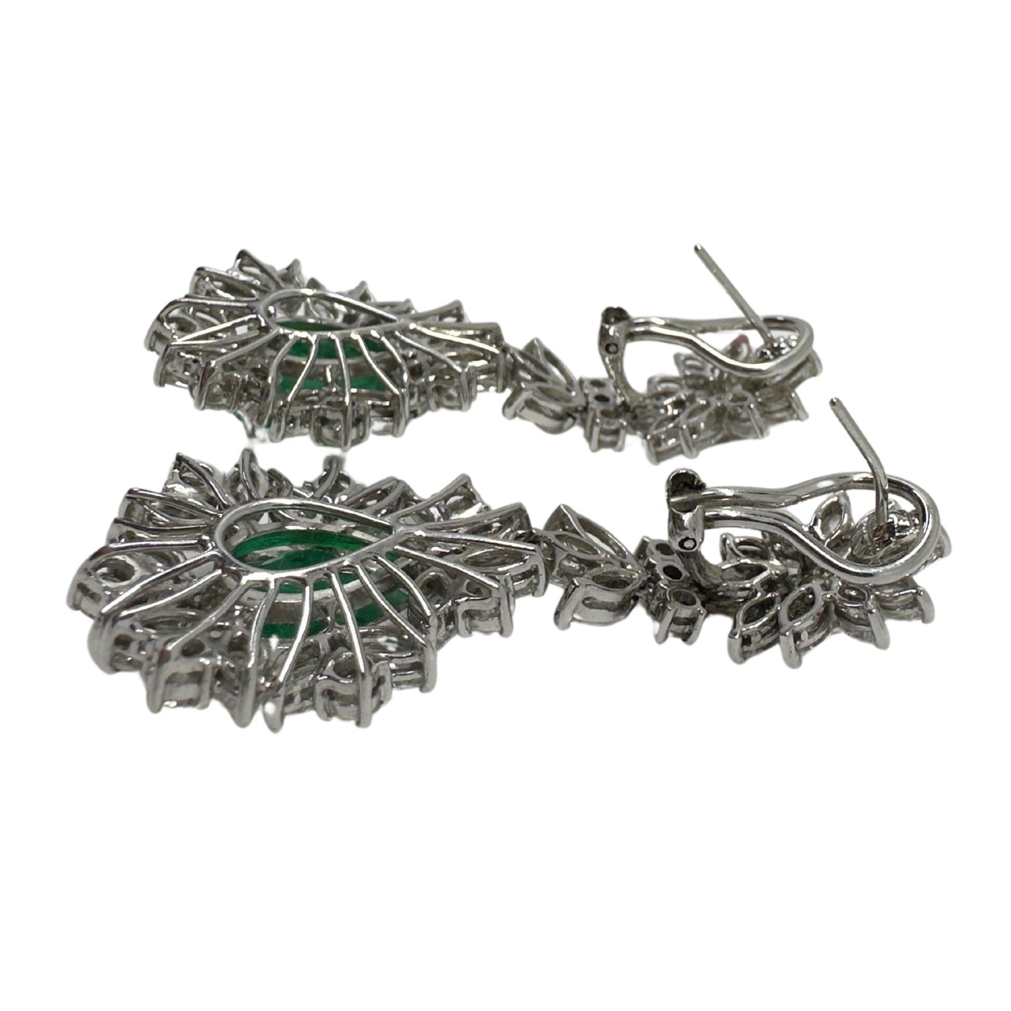 18K White Gold Marquise Cut Diamond and Pear Cut Emerald Drop Earrings