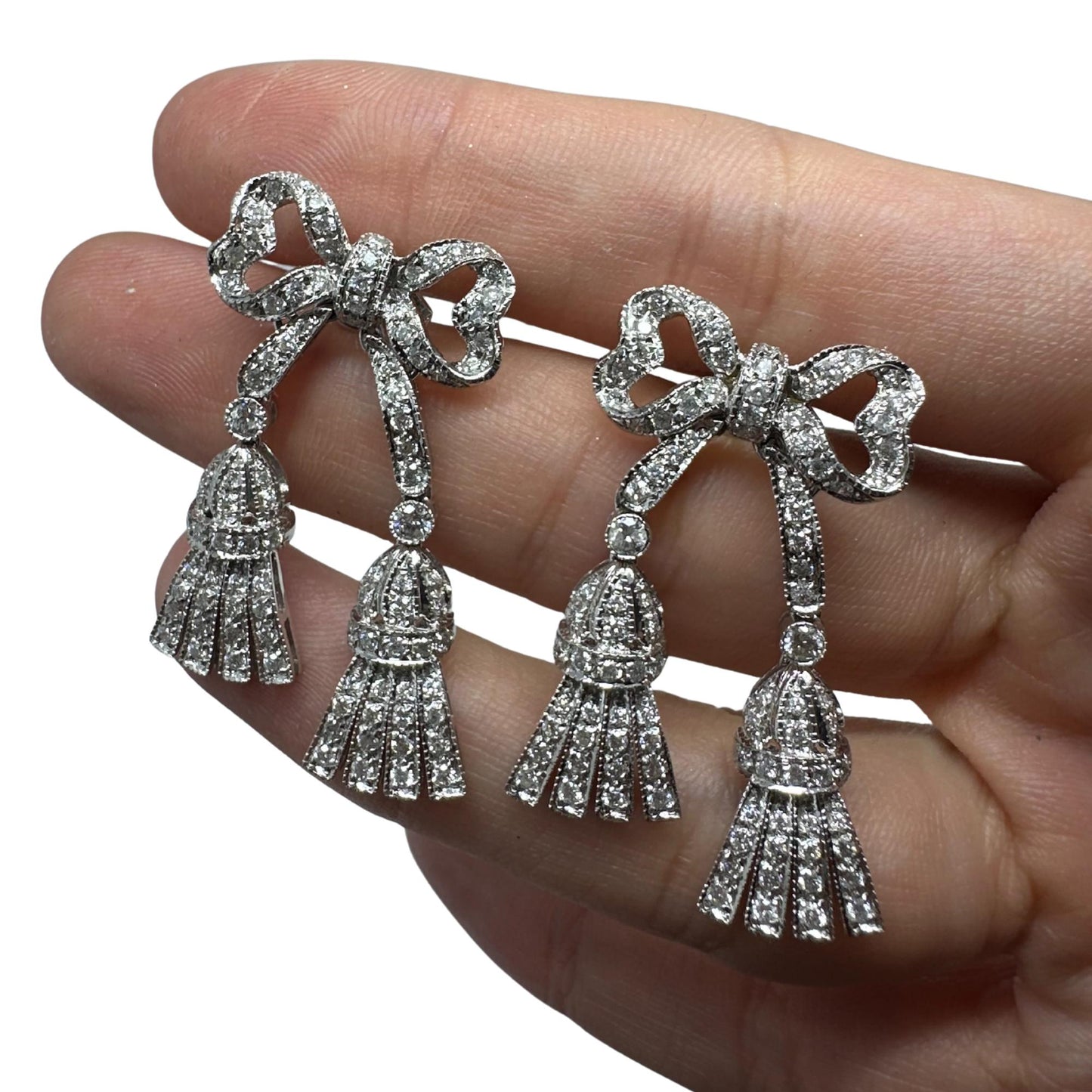 14K White Gold 1.97 Carat Diamond Bow and Tassel Earrings