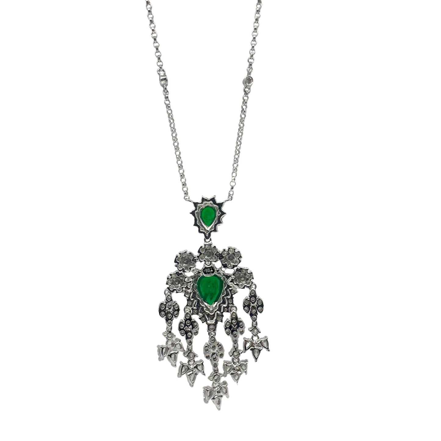 18K White Gold Diamond and Pear Cut Emerald Pendant Necklace