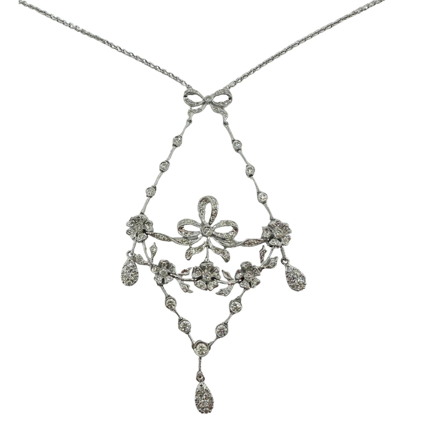 18K White Gold Diamond Bow and Floral Necklace