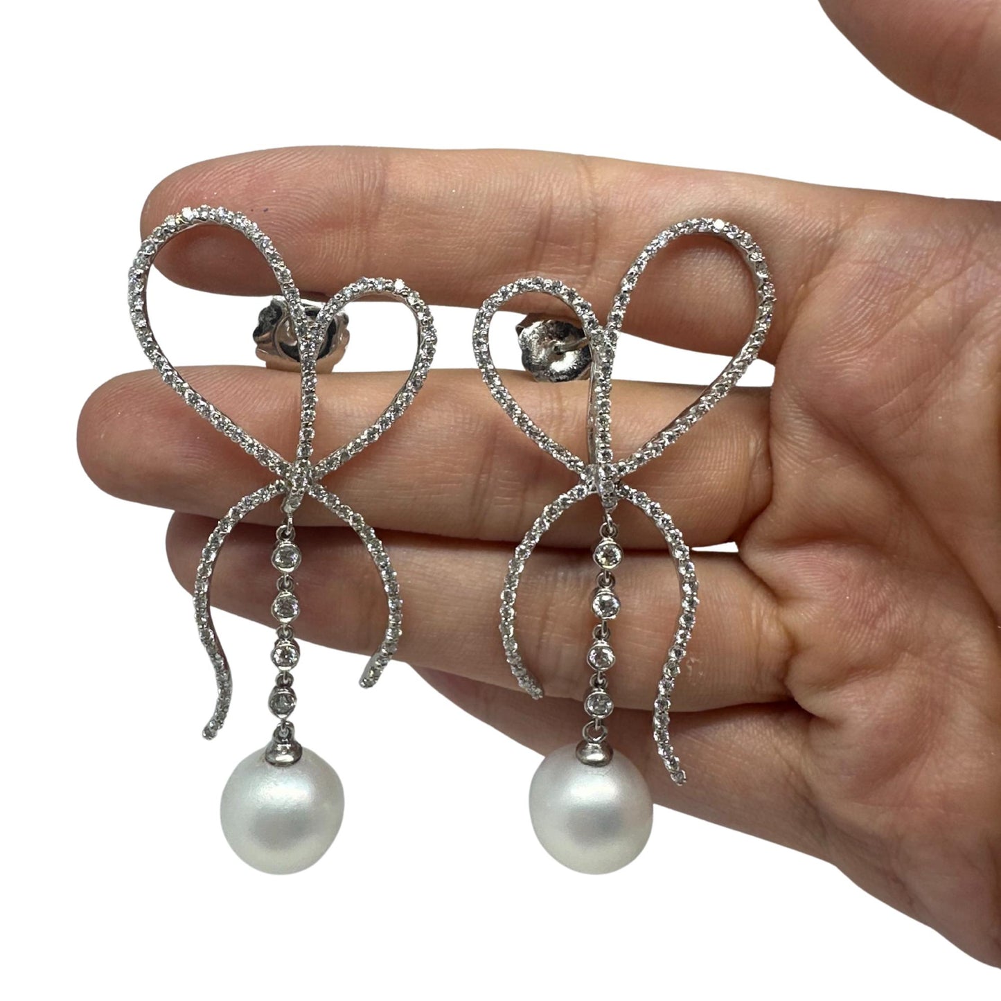 18K White Gold Diamond and Pearl Bow Earrings