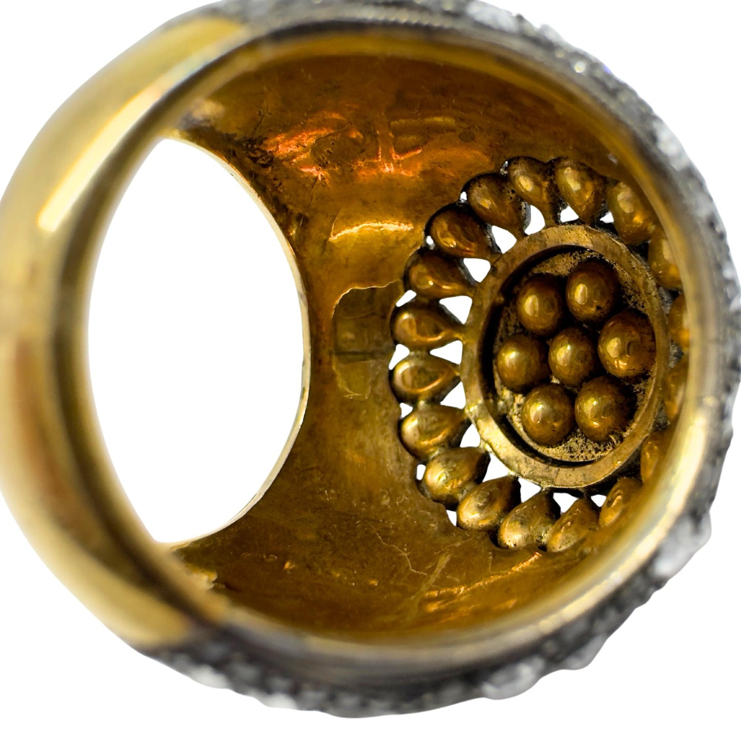 Bold and Heavy 18K Yellow Gold and Silver Top Rose Cut Diamond Cocktail Ring