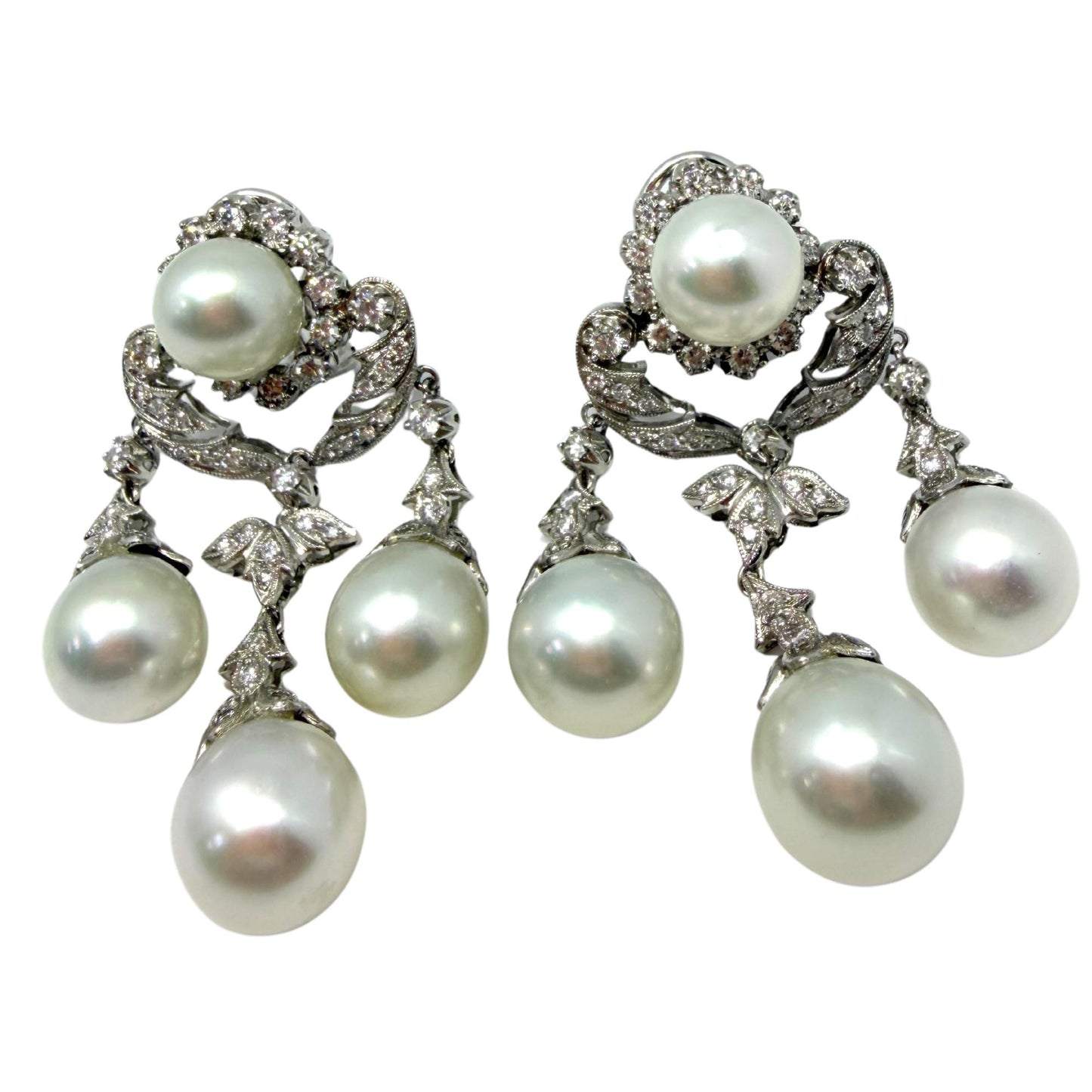 18K White Gold Edwardian Inspired Diamond and Pearl Chandelier Earrings