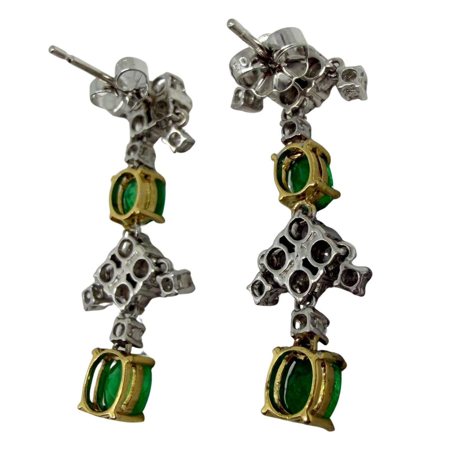 18k White Gold 1.76 Carat Emerald and .78 Carat Diamond Drop Earrings