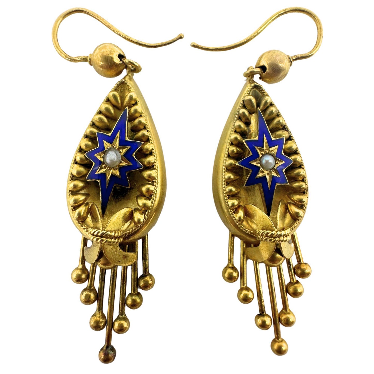 14k Victorian Pearl and Enamel Drop Earrings