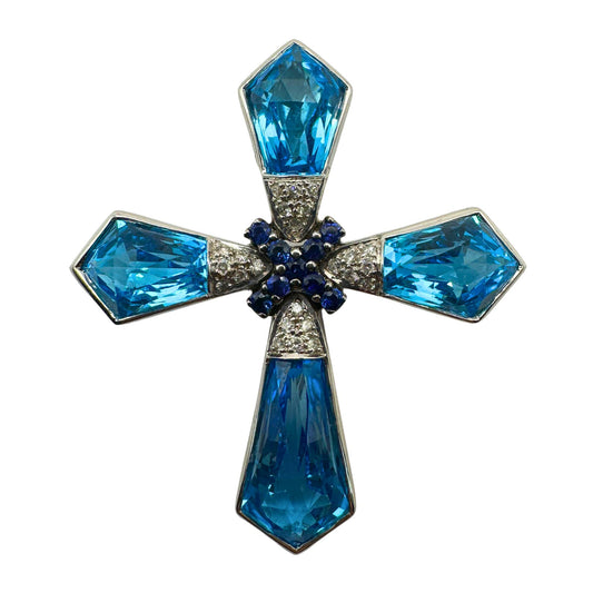 18k Estate Diamond, Sapphire, and London Blue Topaz Gadi Cross Pendant