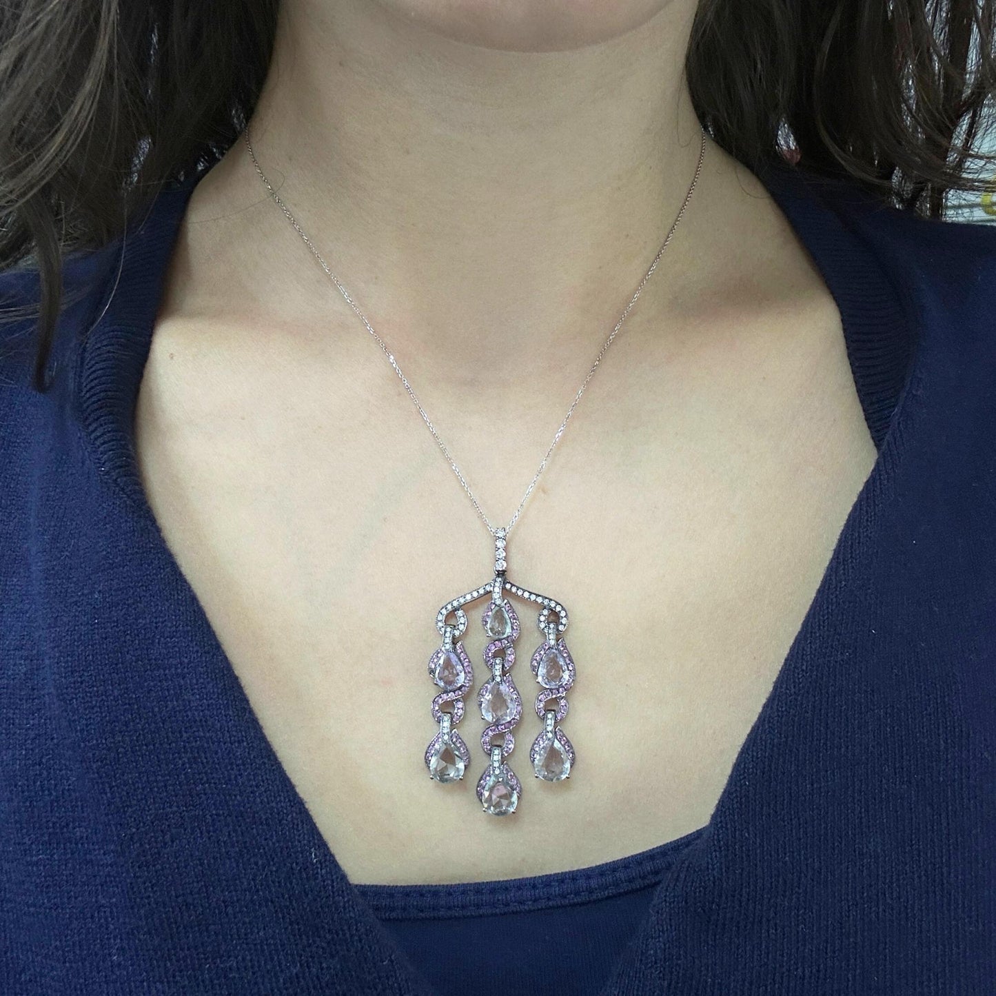 18k Diamond and Multi Color Sapphire Pendant Necklace with 14k Chain