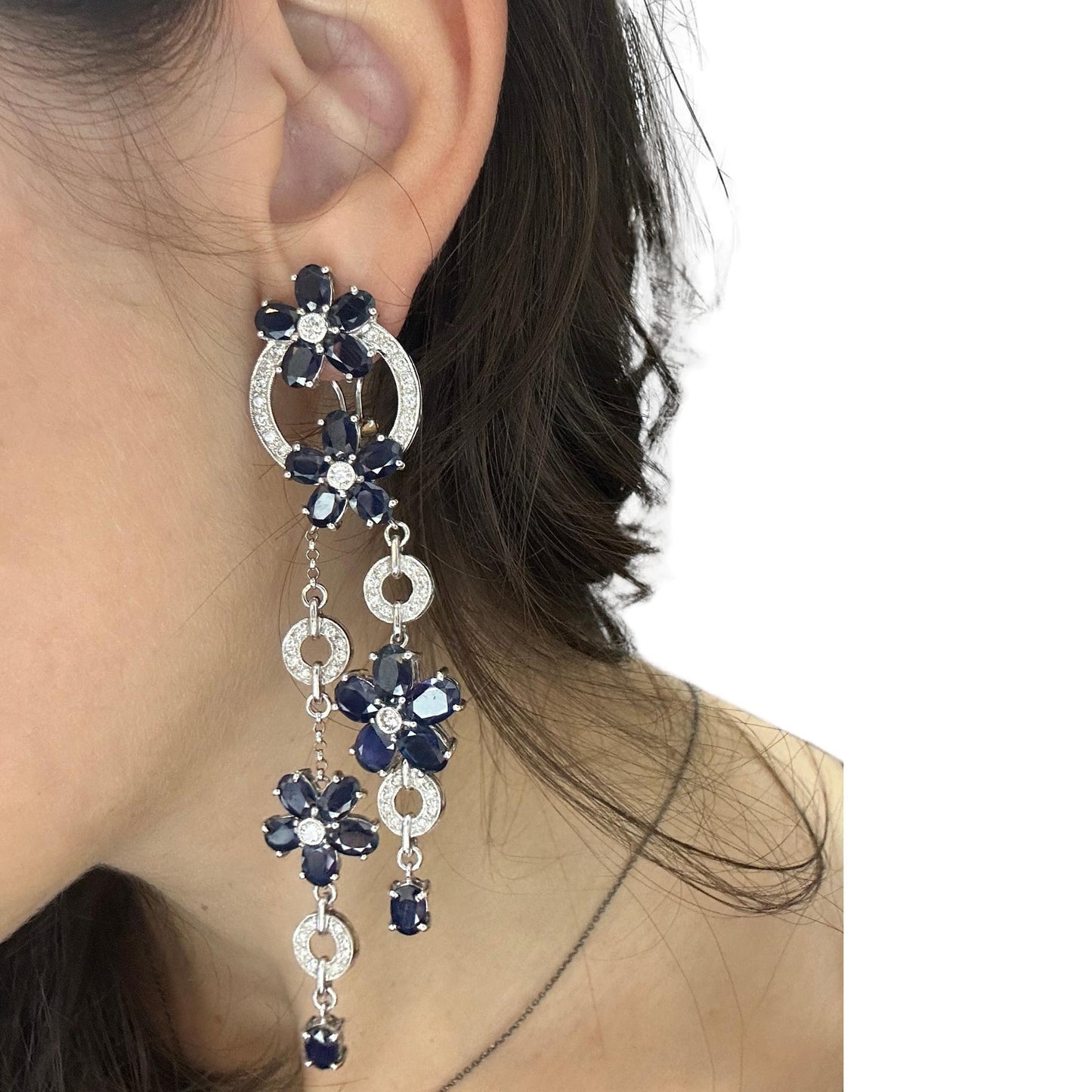 14K White Gold Diamond and Sapphire Flower Drop Earrings