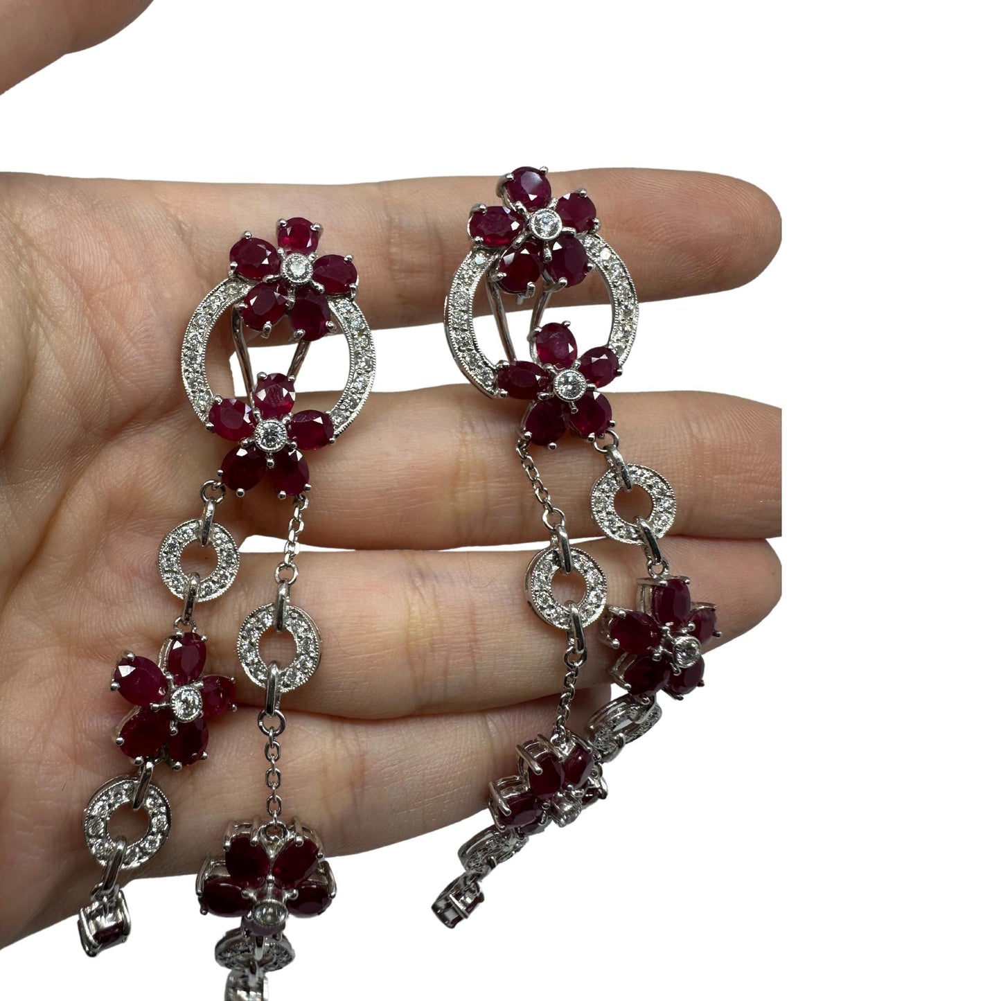 14K White Gold Diamond and Ruby Flower Drop Earrings