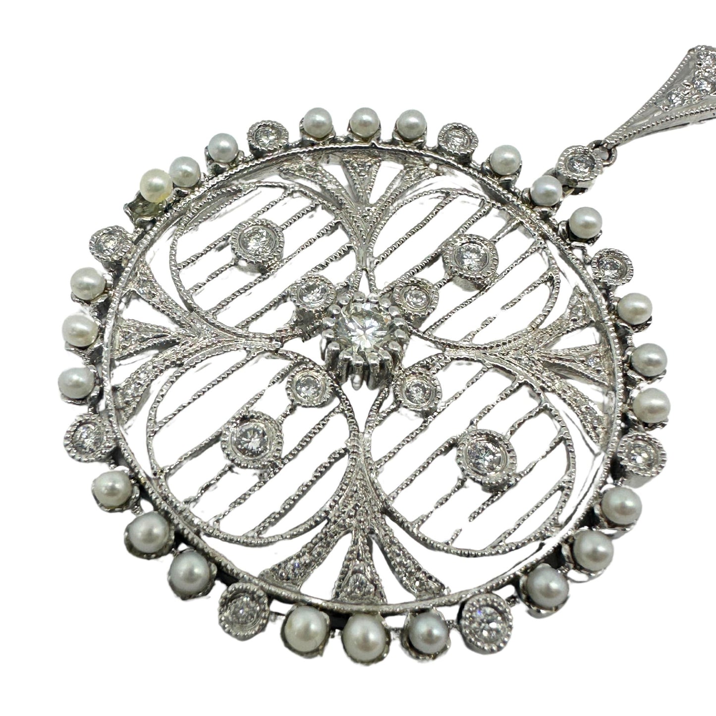Edwardian-Inspired 18k White Gold Diamond and Pearl Filigree Pendant Necklace