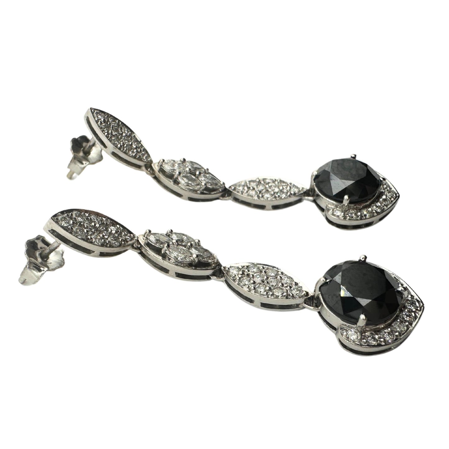 18K White Gold 5.79 Carat Black Diamond and White Diamond Drop Earrings