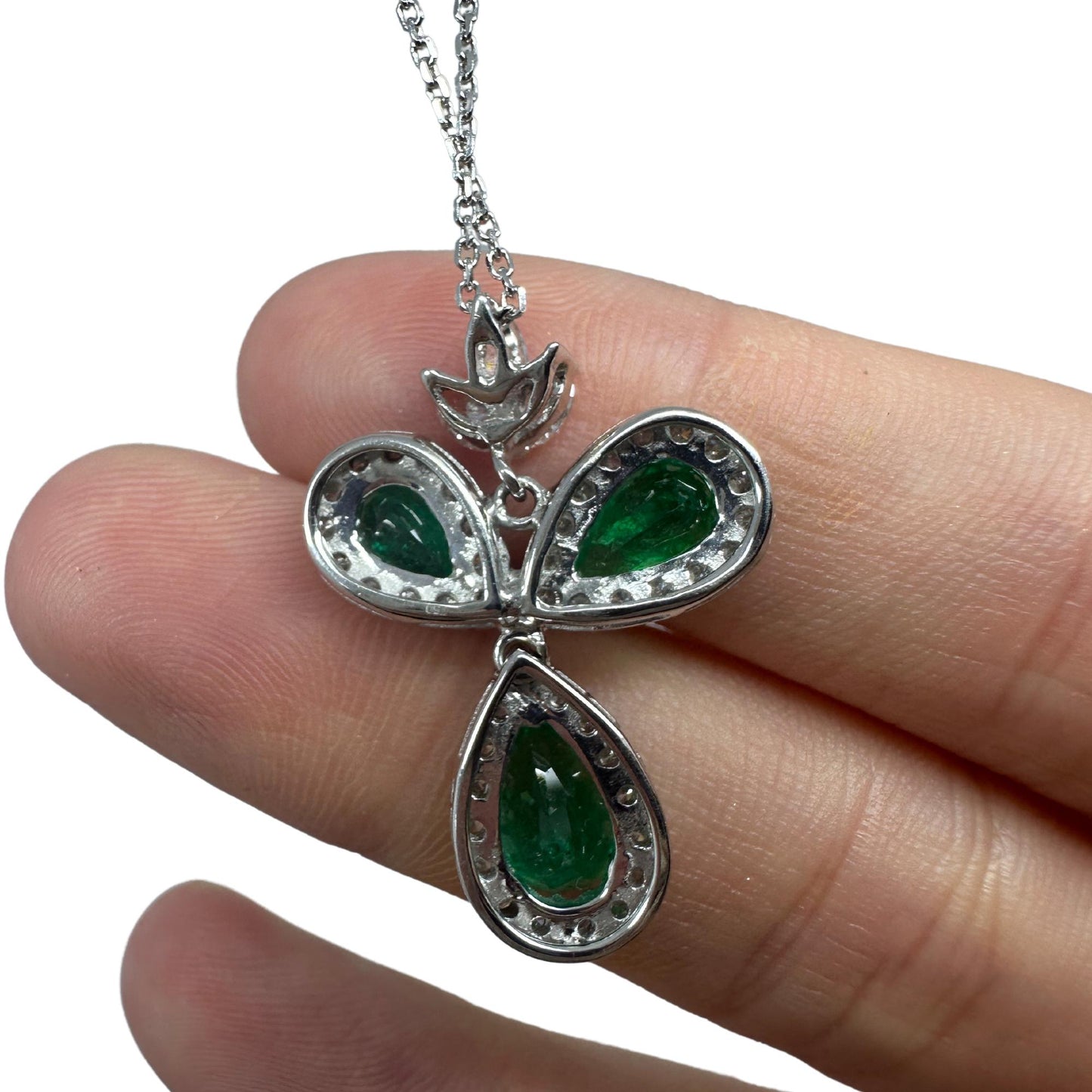 18K White Gold 1.79 Carat Pear Cut Emerald and Diamond Pendant Necklace