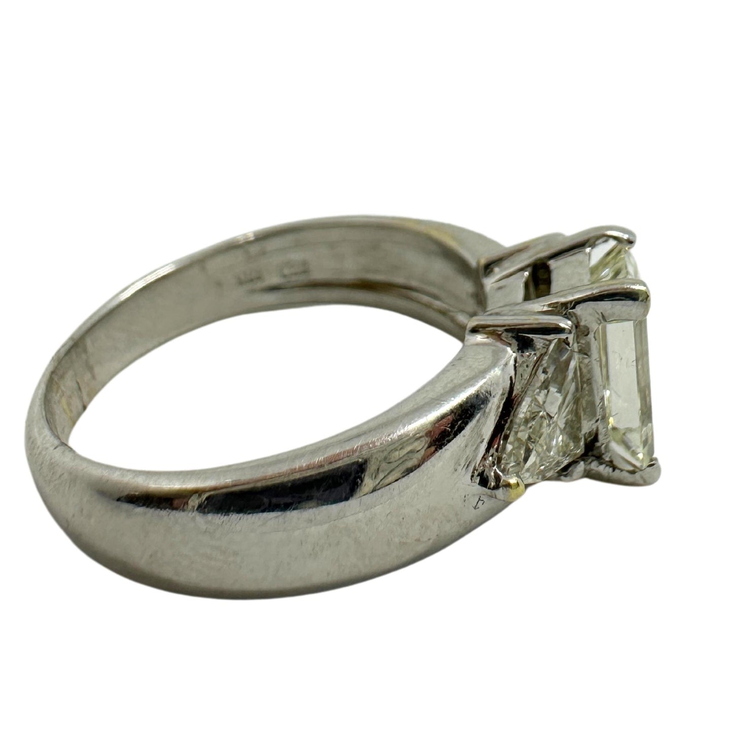 18K White Gold Emerald and Trillion Cut Diamond Three Stone Ring