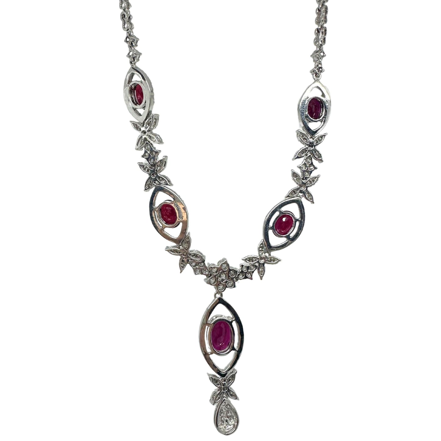 18K White Gold Diamond and Oval Ruby Necklace