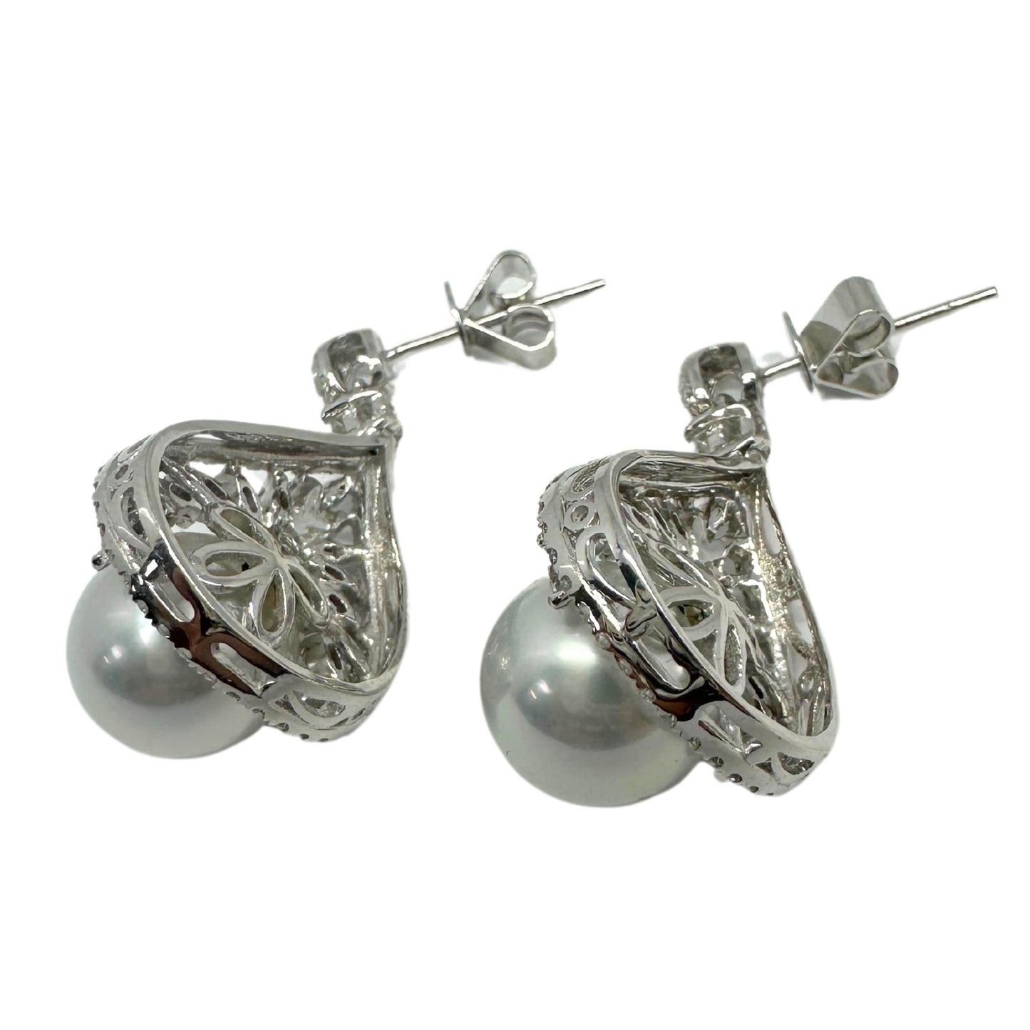 18K White Gold Marquise Cut Diamond and Pearl Earrings