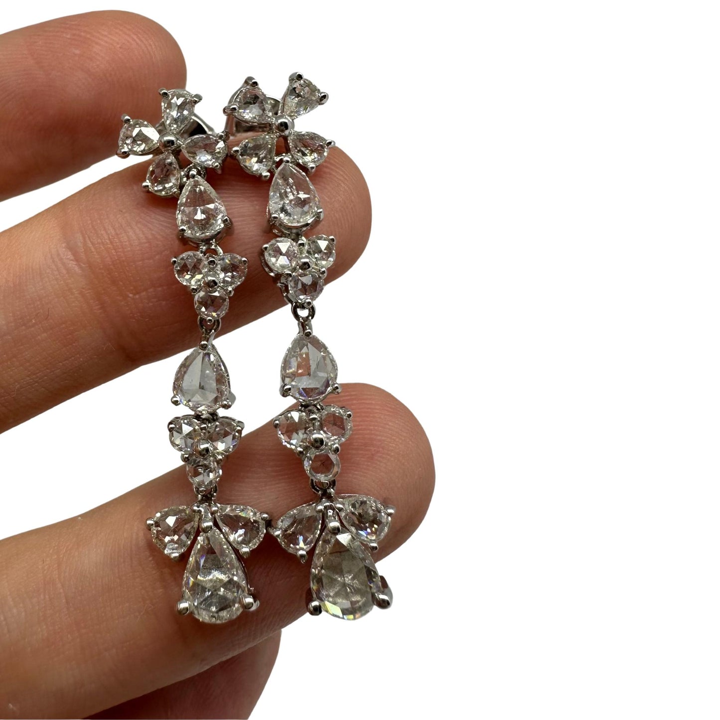 18K White Gold Rose Cut Pear Diamond Drop Earrings