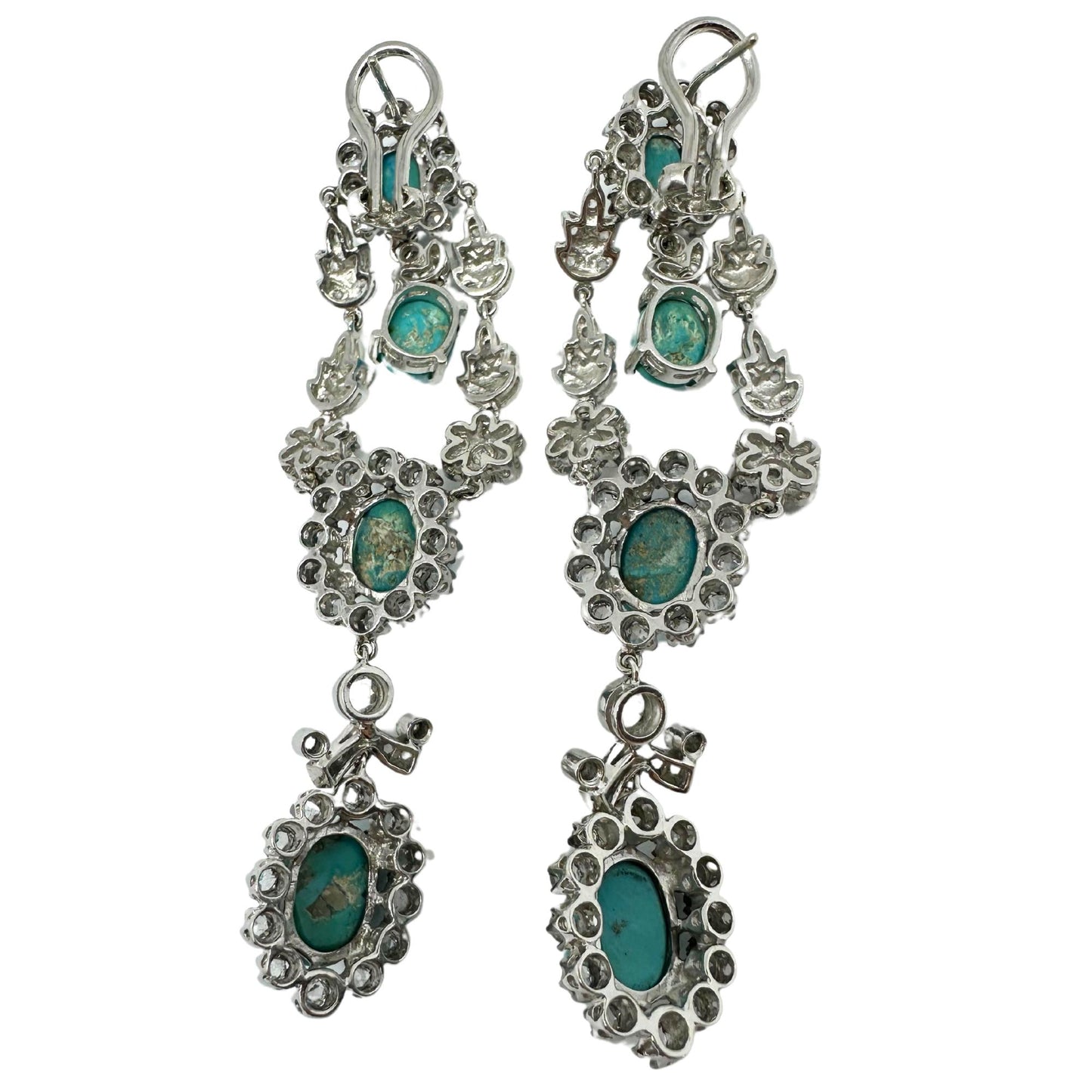 18K White Gold Rose Cut Diamond and Persian Turquoise Drop Earrings