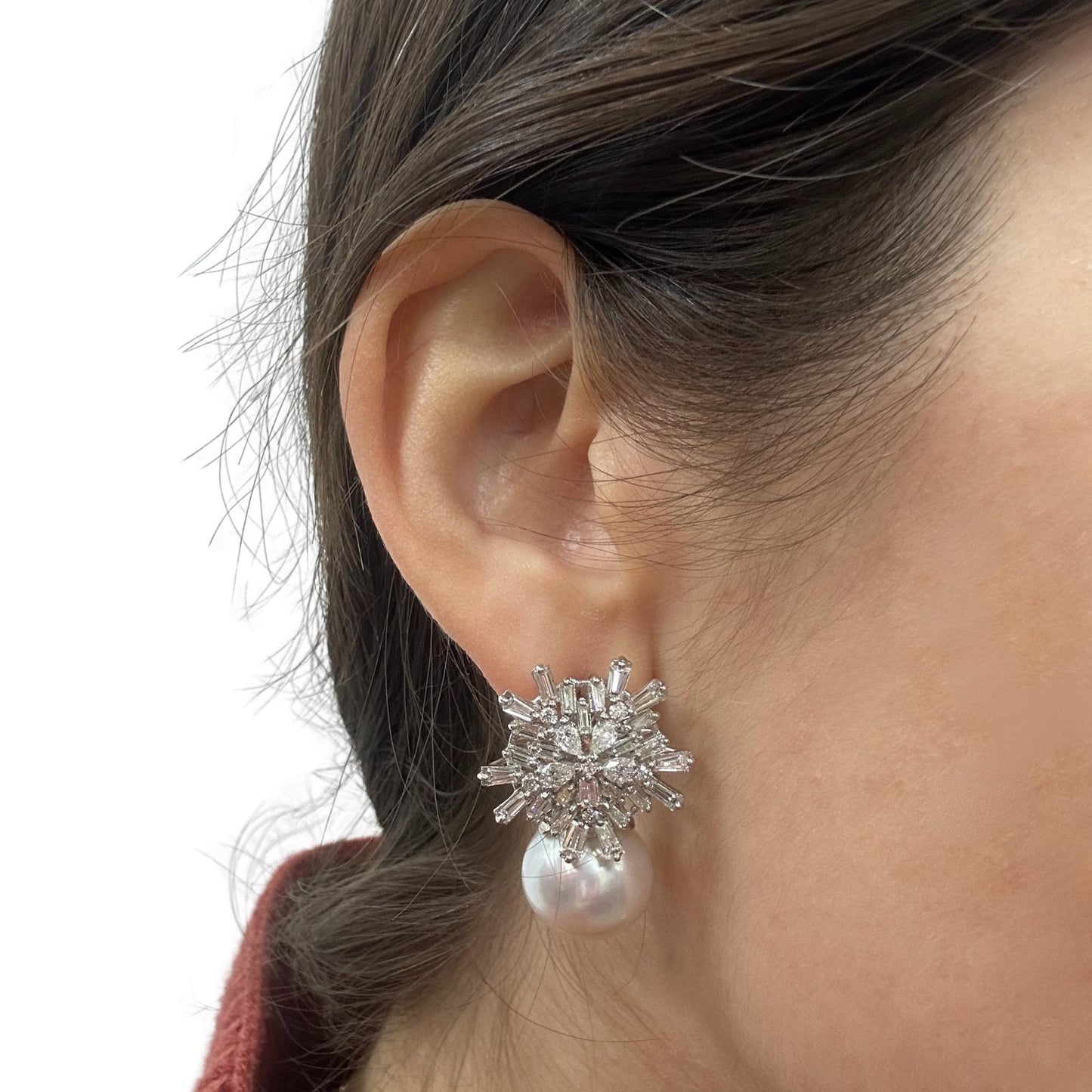 18K White Gold Baguette and Pear Cut Diamond and Pearl Earrings