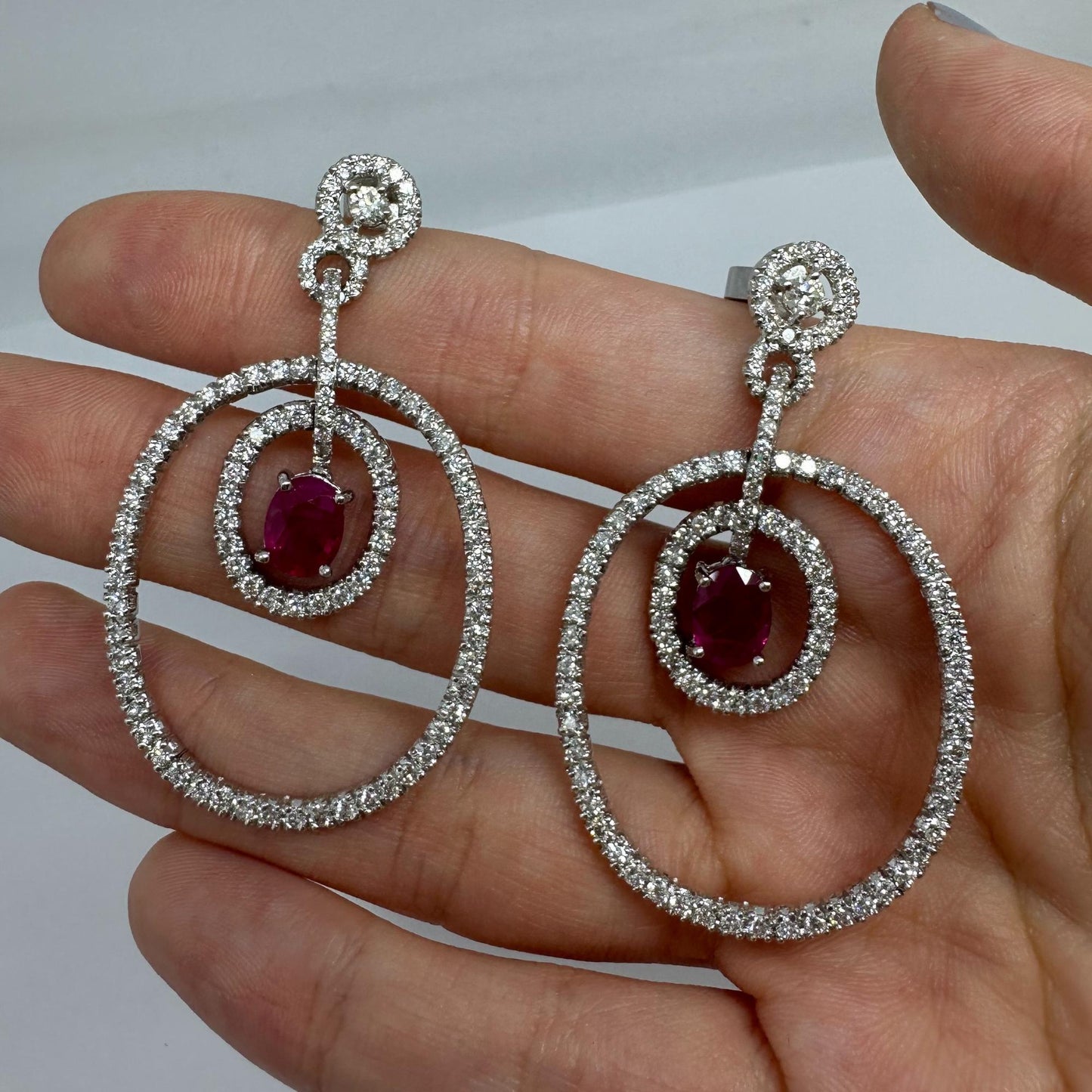 18K White Gold Diamond and Oval Ruby Drop Earrings
