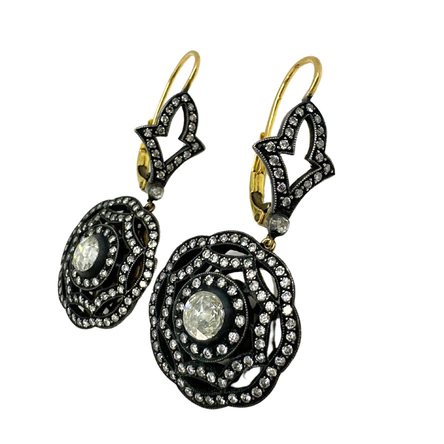 18K Yellow Gold and Silver Top Rose Cut Diamond Drop Earrings
