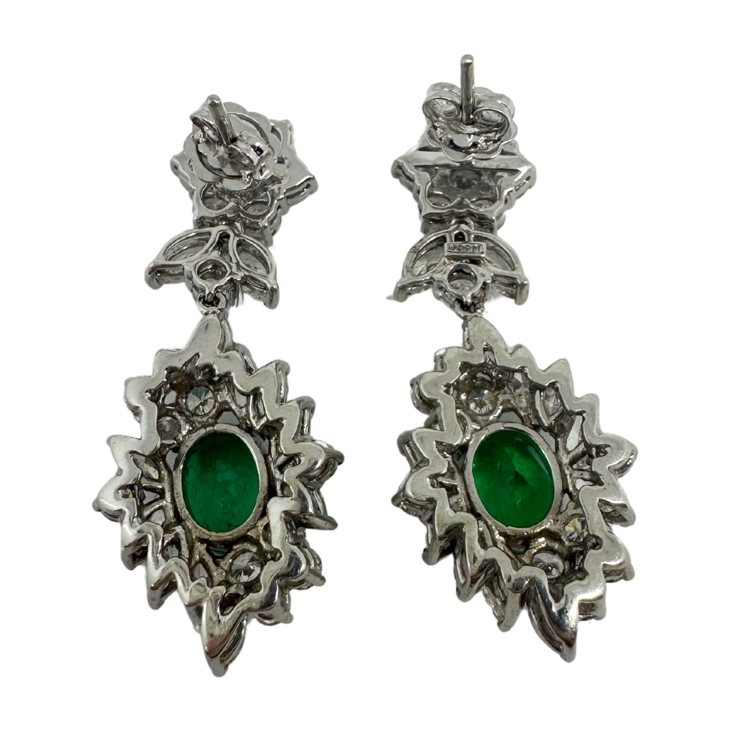 18K White Gold Marquise Cut Diamond and Emerald Drop Earrings
