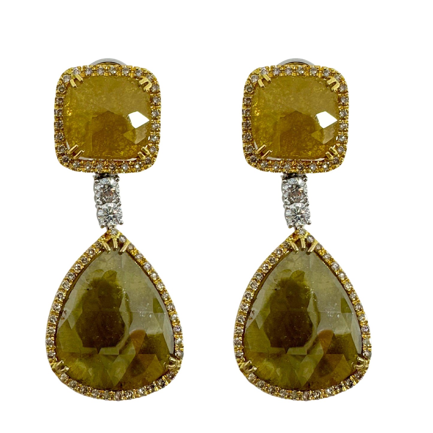 18K Yellow Gold White and Natural Rough Cut Greenish-Yellow Diamond Earrings