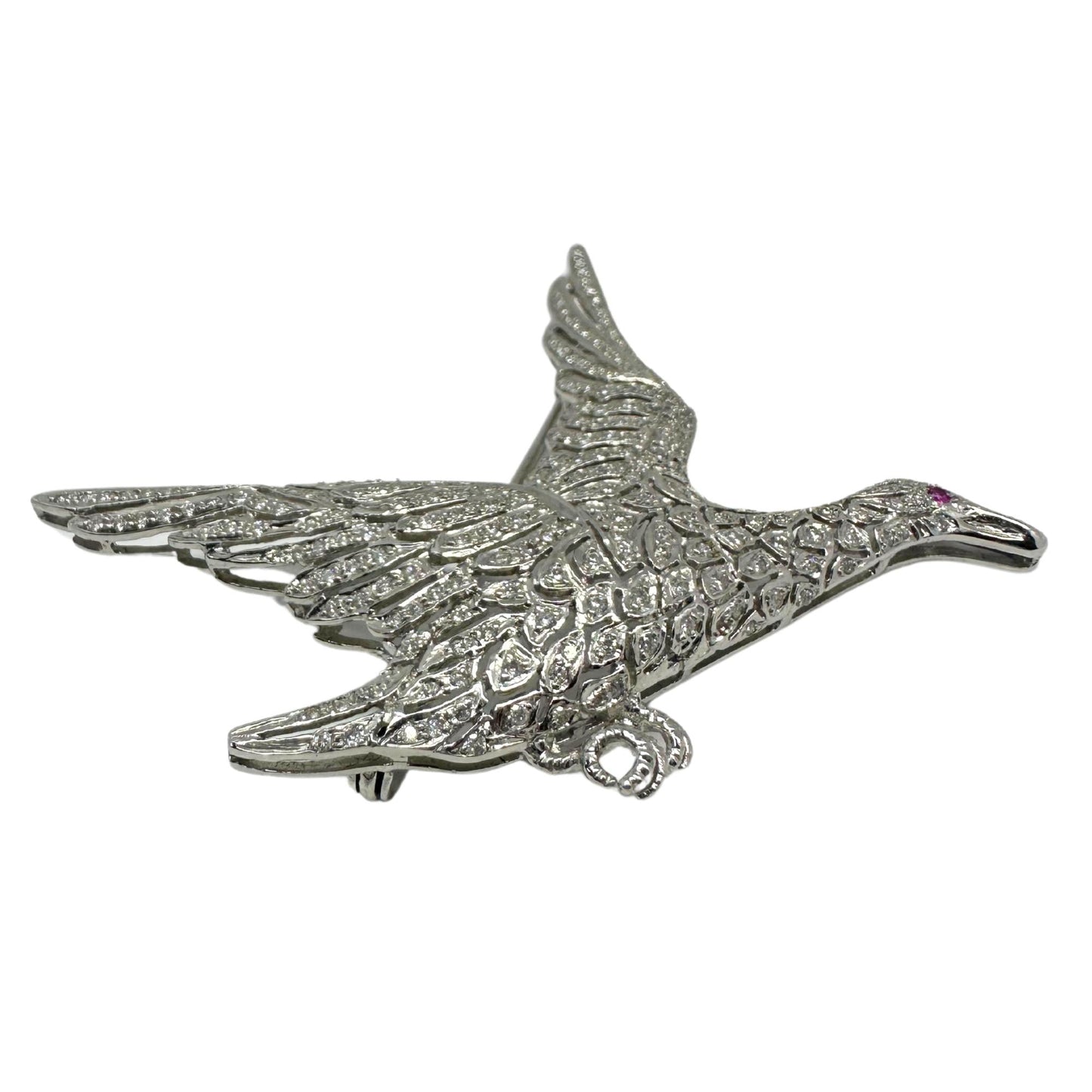 18K White Gold Diamond and Ruby Bird Brooch